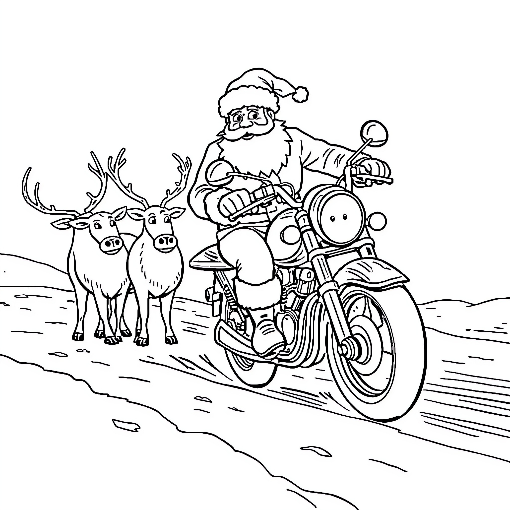 Santa riding motorcycle with reindeer companions Coloring Page (free black-and-white line drawing printable PDF for all, from beginners to advanced learners, including children, teens, adults, and seniors)