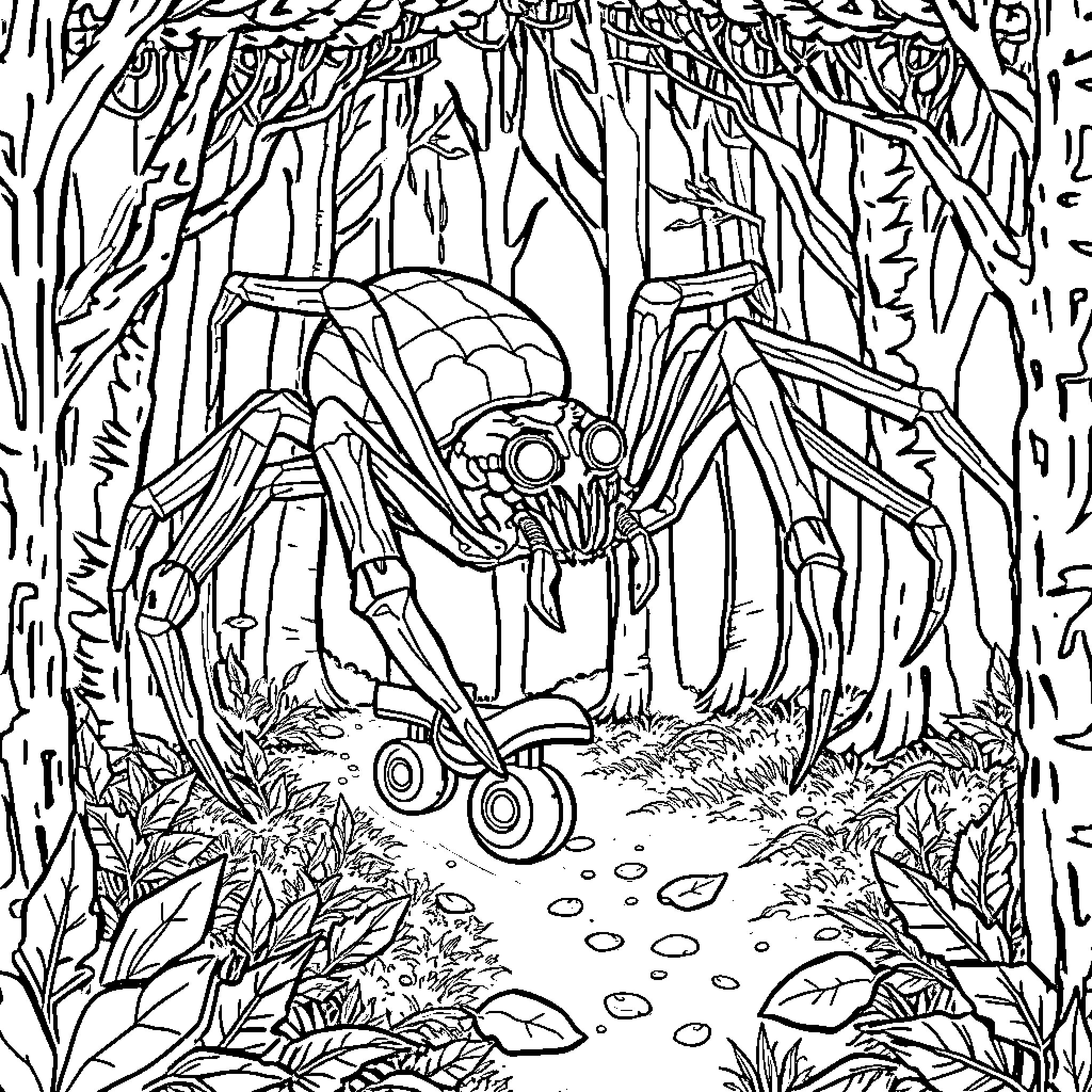 Spider exploring the mysterious forest Coloring Page (free black-and-white line drawing printable PDF for all, from beginners to advanced learners, including children, teens, adults, and seniors)