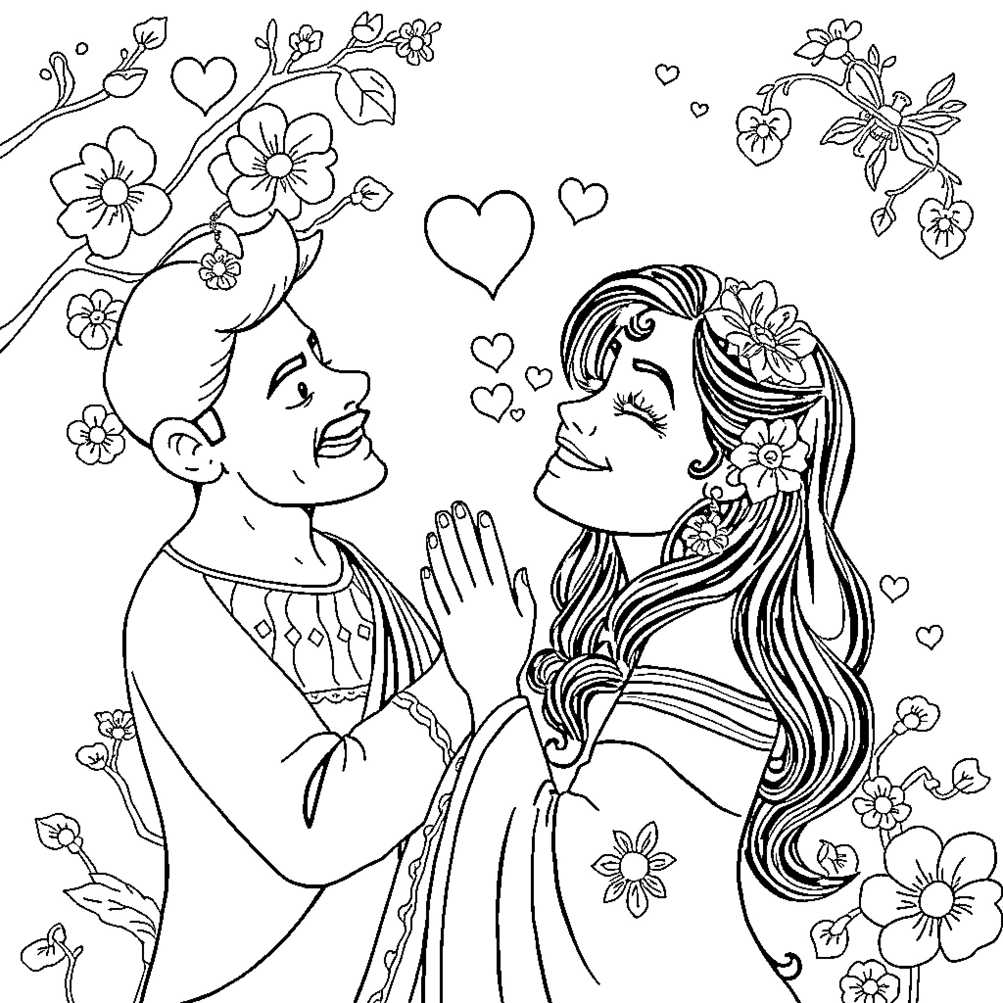 Life in a Romantic Floral Dance Coloring Page (free black-and-white line drawing printable PDF for all, from beginners to advanced learners, including children, teens, adults, and seniors)