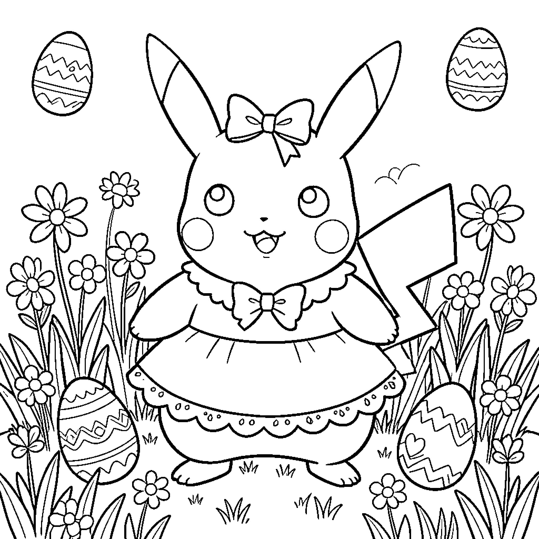 Pikachu in a Festive Easter Outfit Coloring Page (free black-and-white line drawing printable PDF for all, from beginners to advanced learners, including children, teens, adults, and seniors)