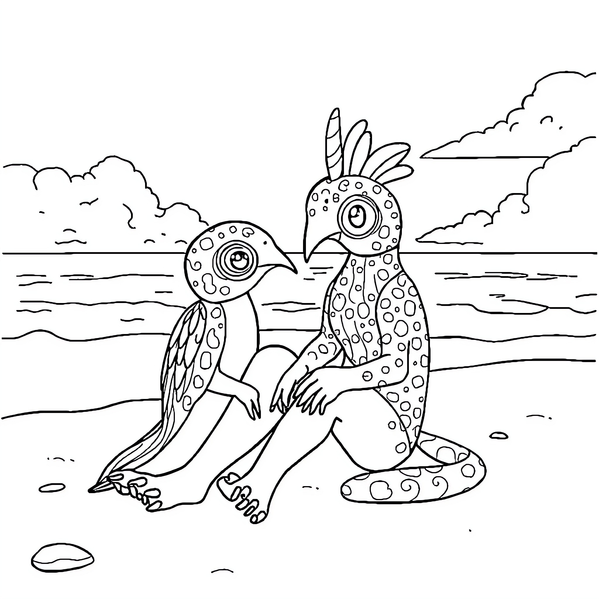 Elebit Whimsical Avian Companions on the Shore Coloring Page (free black-and-white line drawing printable PDF for all, from beginners to advanced learners, including children, teens, adults, and seniors)