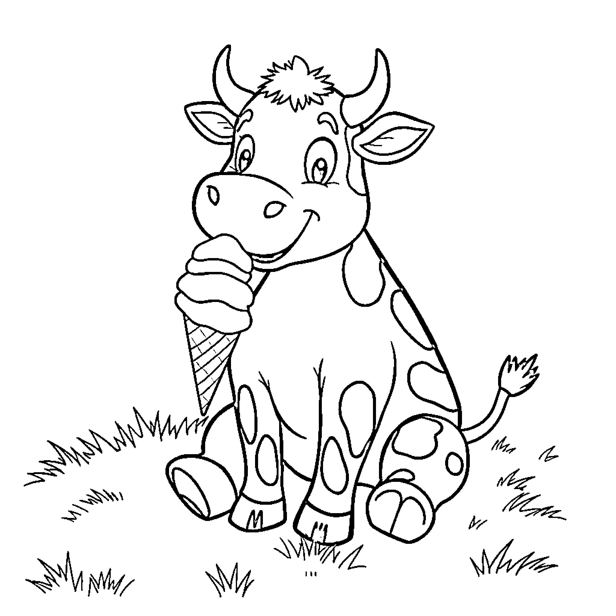 Cow enjoying an ice cream cone in a grassy field Coloring Page (free black-and-white line drawing printable PDF for all, from beginners to advanced learners, including children, teens, adults, and seniors)