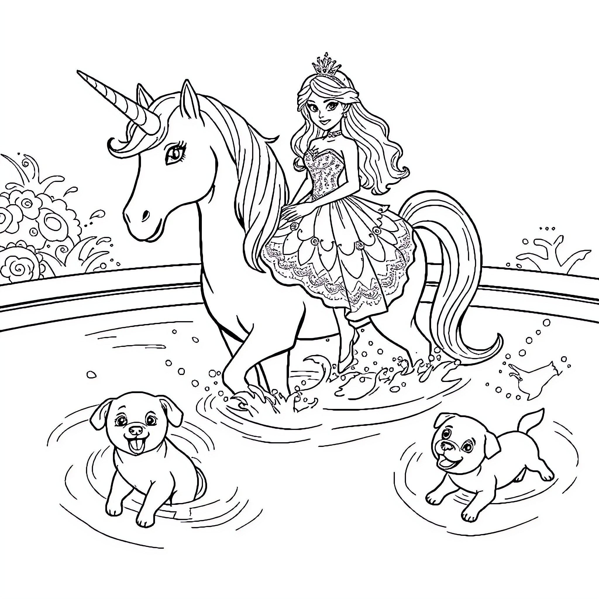 Princess and her Unicorn on a Magical Adventure Coloring Page (free black-and-white line drawing printable PDF for all, from beginners to advanced learners, including children, teens, adults, and seniors)