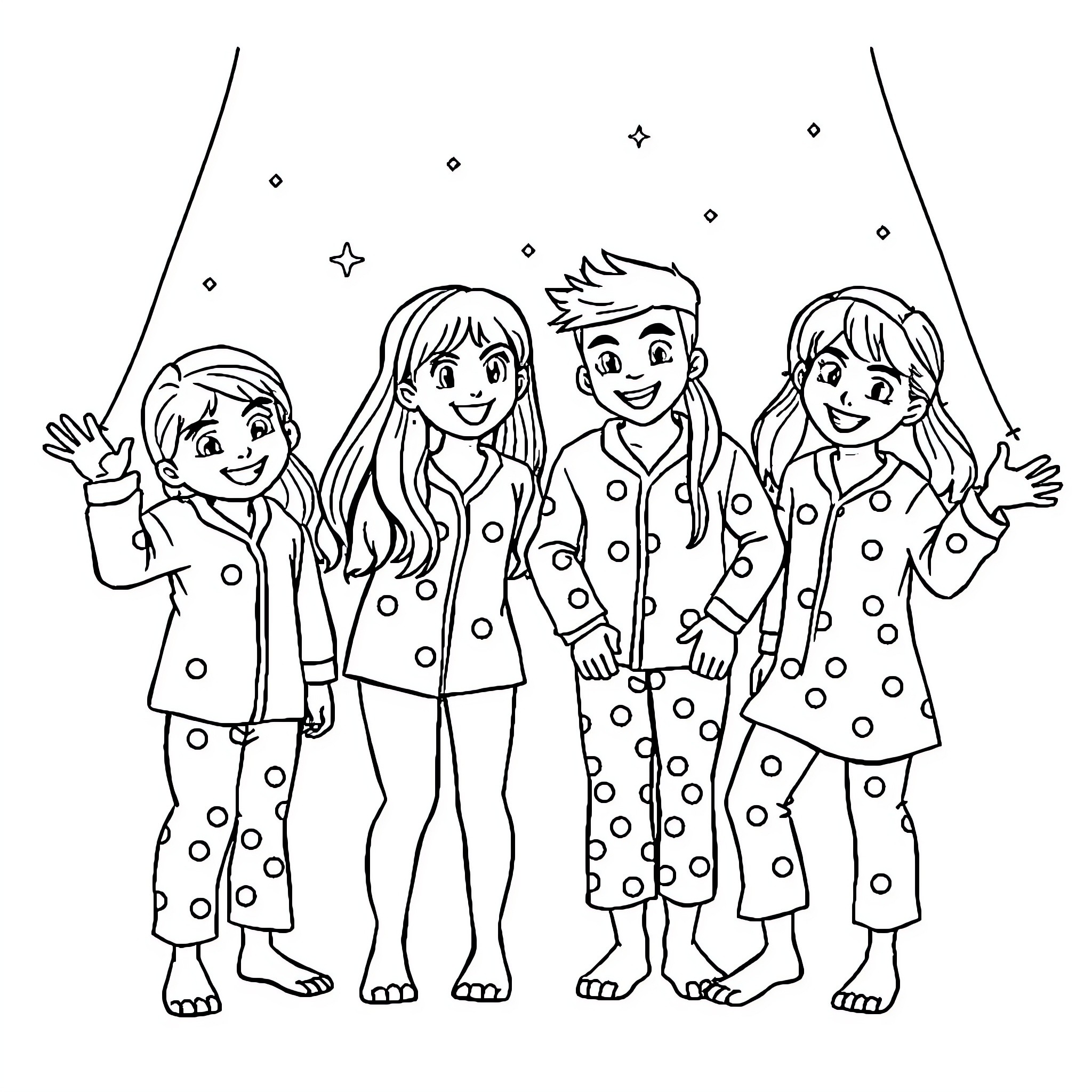 Band members in festive outfits posing happily Coloring Page (free black-and-white line drawing printable PDF for all, from beginners to advanced learners, including children, teens, adults, and seniors)