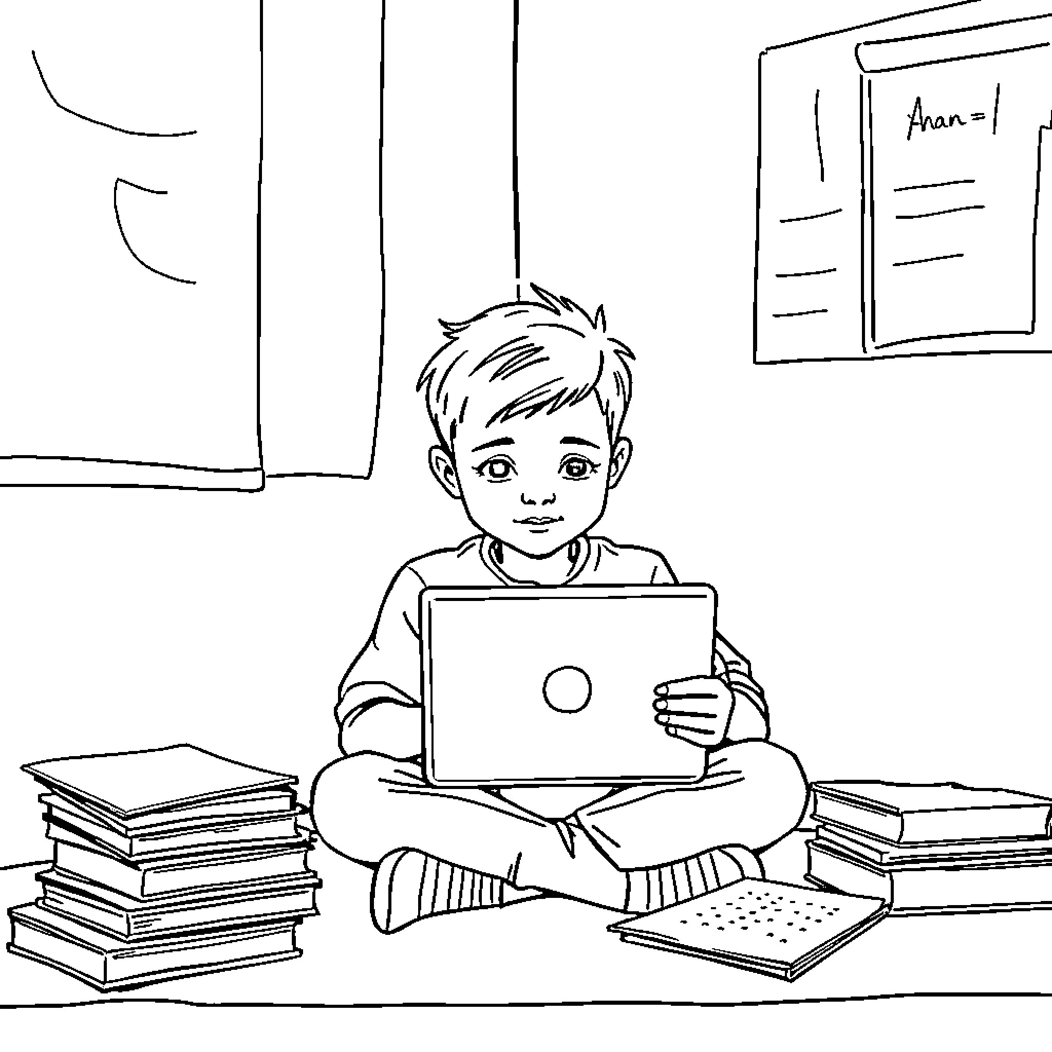 Boy studying diligently with laptop at desk Coloring Page (free black-and-white line drawing printable PDF for all, from beginners to advanced learners, including children, teens, adults, and seniors)
