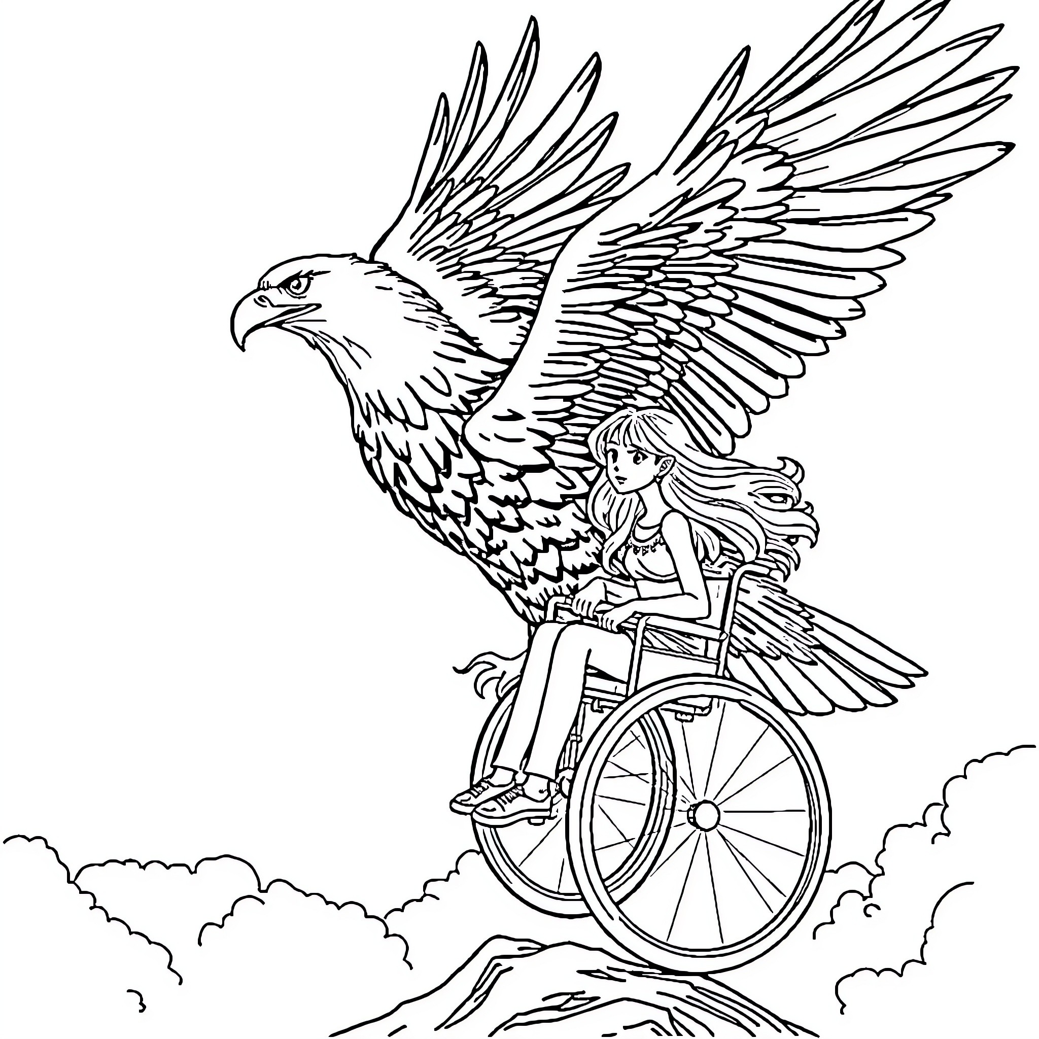 Girl riding on the back of a giant eagle Coloring Page (free black-and-white line drawing printable PDF for all, from beginners to advanced learners, including children, teens, adults, and seniors)