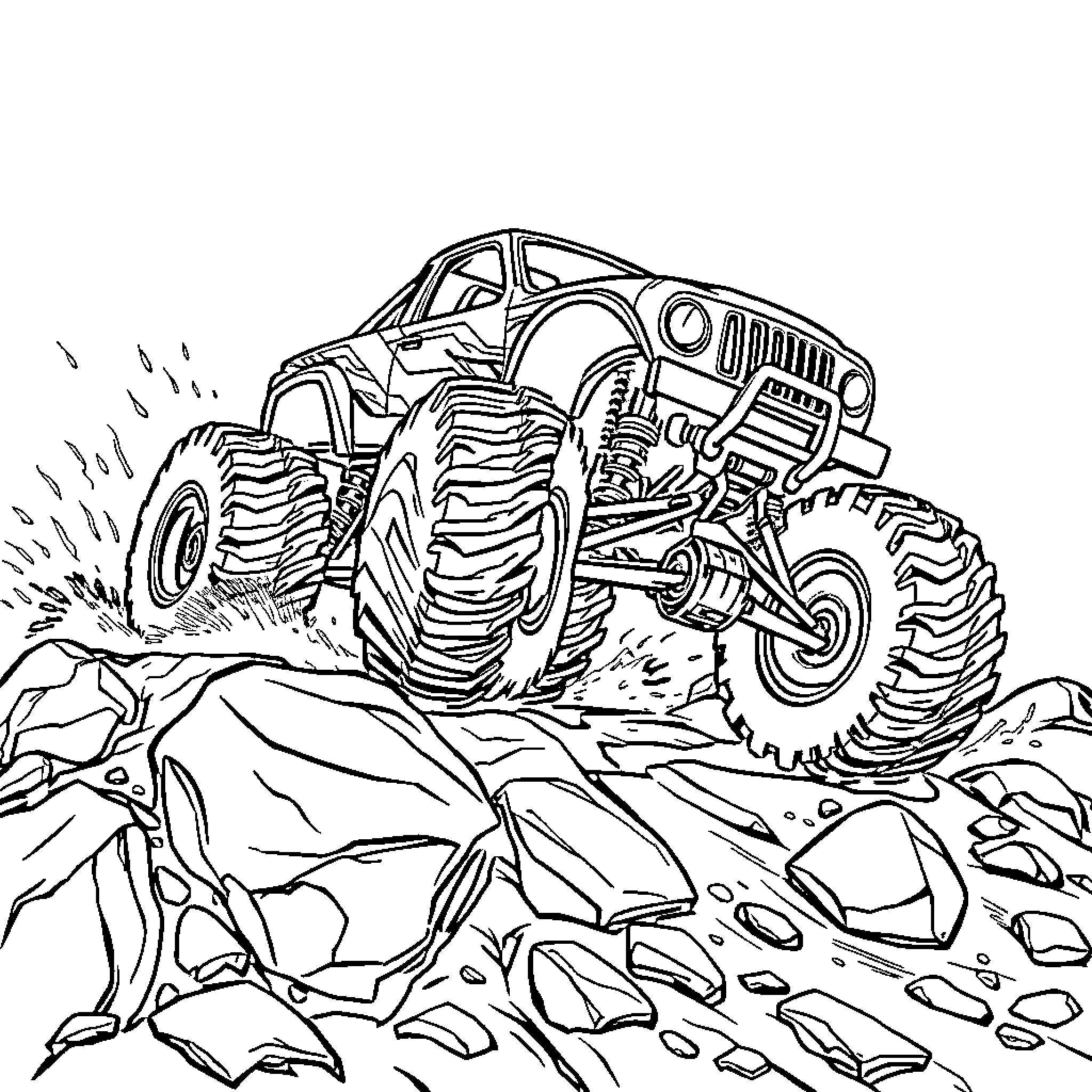 Monster Truck Navigating Rugged Terrain Coloring Page (free black-and-white line drawing printable PDF for all, from beginners to advanced learners, including children, teens, adults, and seniors)