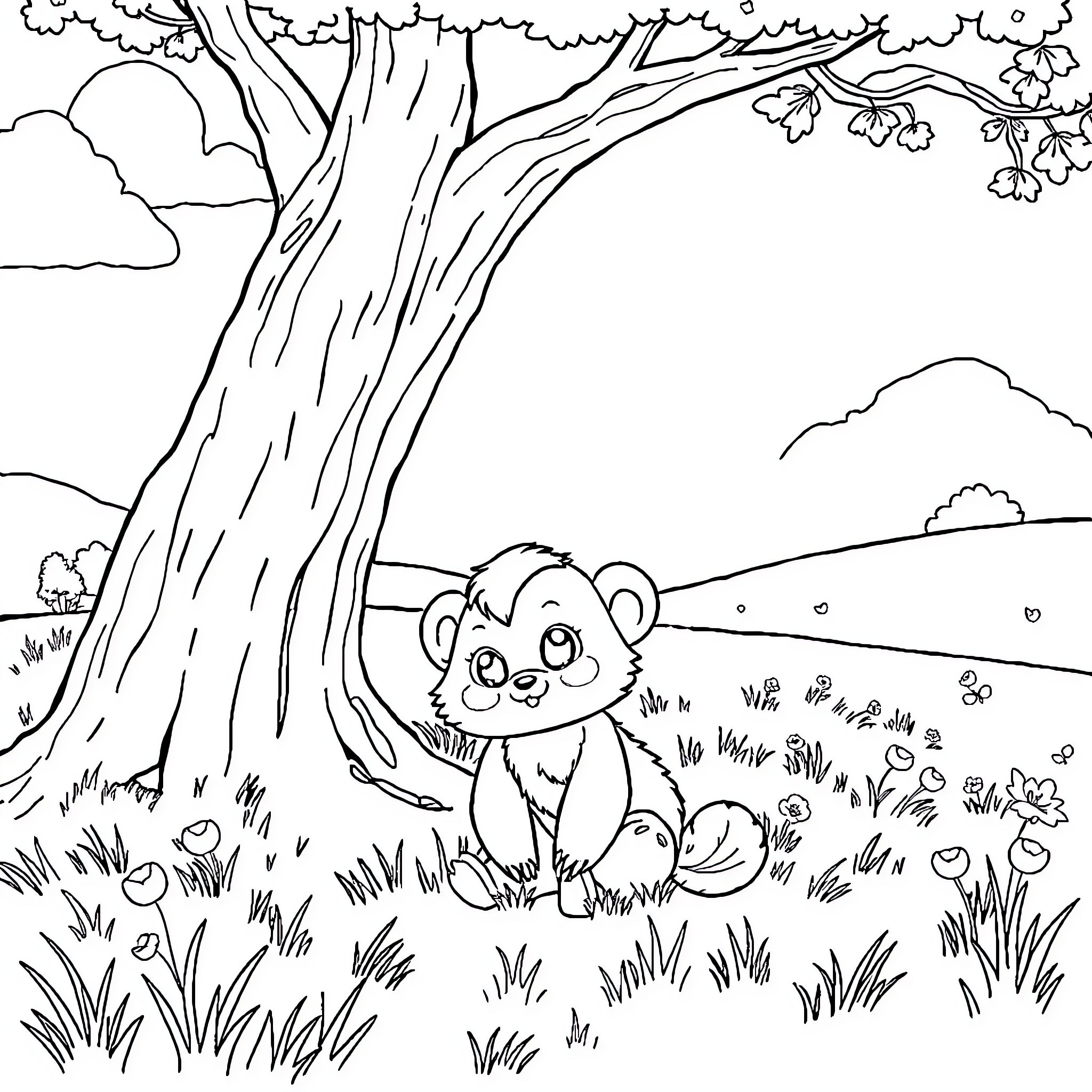 Labubu's Playful Adventure in the Forest Coloring Page (free black-and-white line drawing printable PDF for all, from beginners to advanced learners, including children, teens, adults, and seniors)