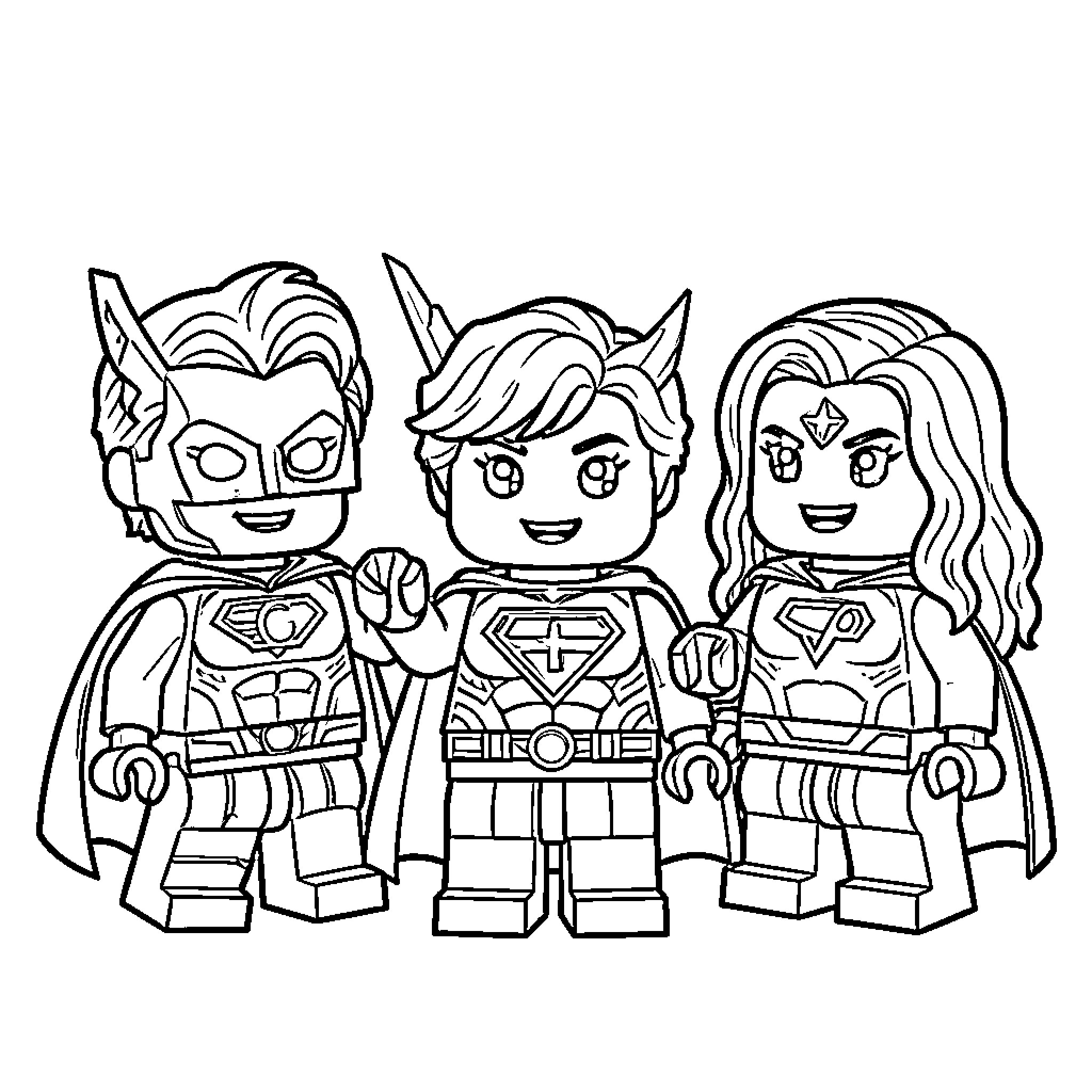 Chibi Lego Justice League heroes posing together happily Coloring Page (free black-and-white line drawing printable PDF for all, from beginners to advanced learners, including children, teens, adults, and seniors)