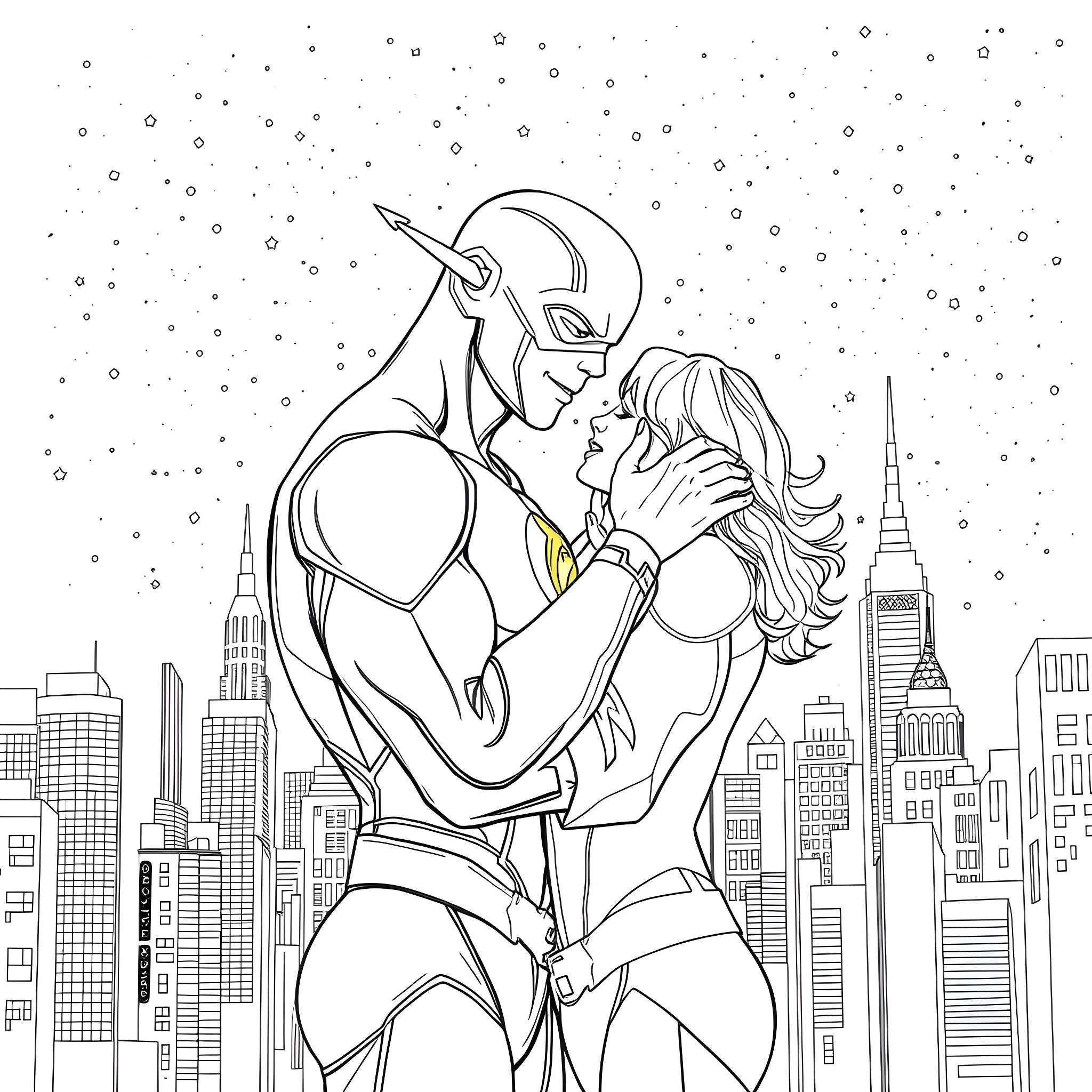 Flash Couple's Romantic Embrace in the City Coloring Page (free black-and-white line drawing printable PDF for all, from beginners to advanced learners, including children, teens, adults, and seniors)