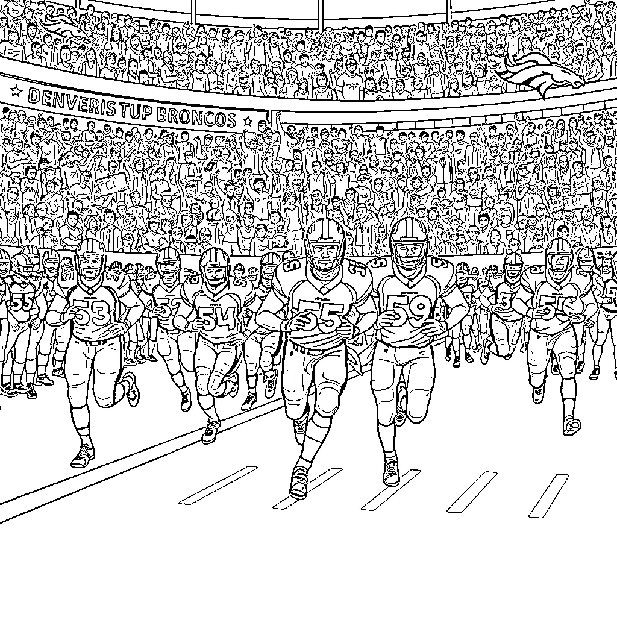Bronco players running on the field with cheering fans Coloring Page (free black-and-white line drawing printable PDF for all, from beginners to advanced learners, including children, teens, adults, and seniors)