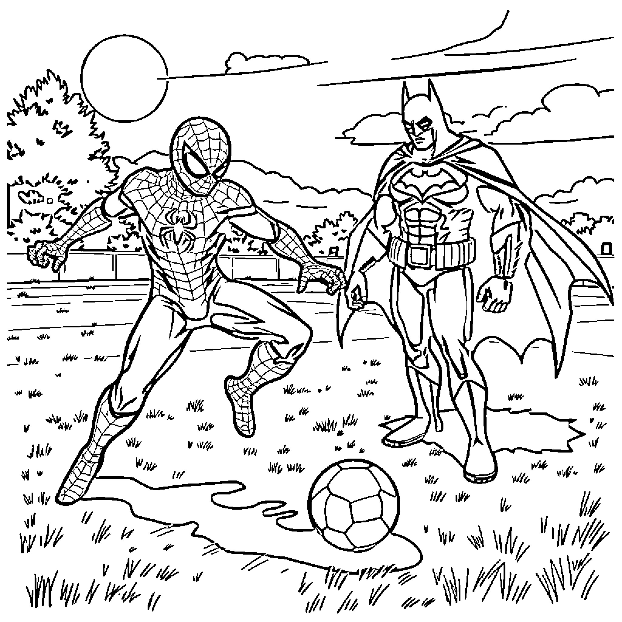 Spiderman and Batman playing soccer in the park Coloring Page (free black-and-white line drawing printable PDF for all, from beginners to advanced learners, including children, teens, adults, and seniors)