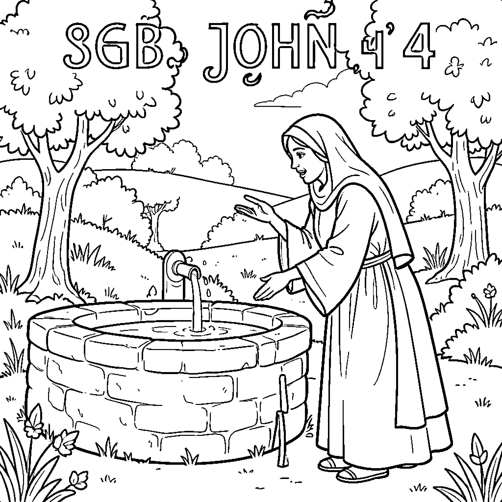 Samaritan Woman standing by a stone well Coloring Page (free black-and-white line drawing printable PDF for all, from beginners to advanced learners, including children, teens, adults, and seniors)