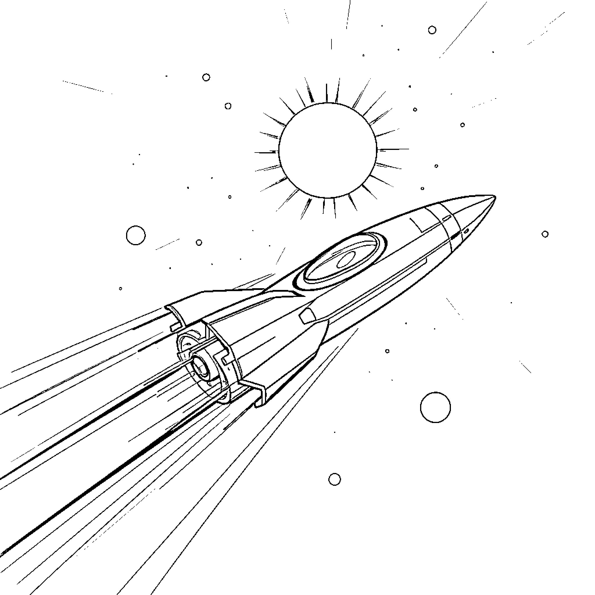 Starship soaring through cosmic landscape Coloring Page (free black-and-white line drawing printable PDF for all, from beginners to advanced learners, including children, teens, adults, and seniors)