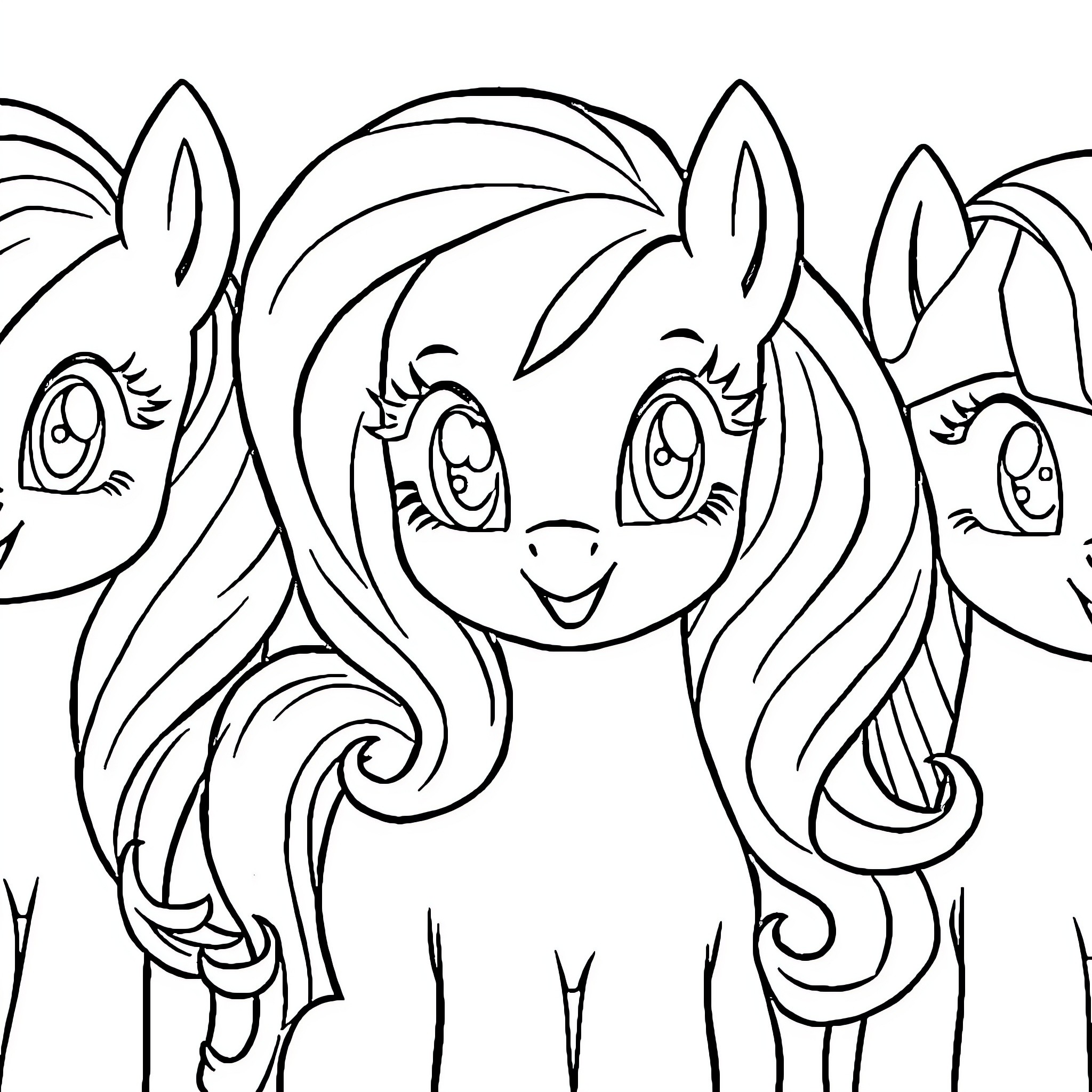 Ponies with happy expressions and flowing manes Coloring Page (free black-and-white line drawing printable PDF for all, from beginners to advanced learners, including children, teens, adults, and seniors)