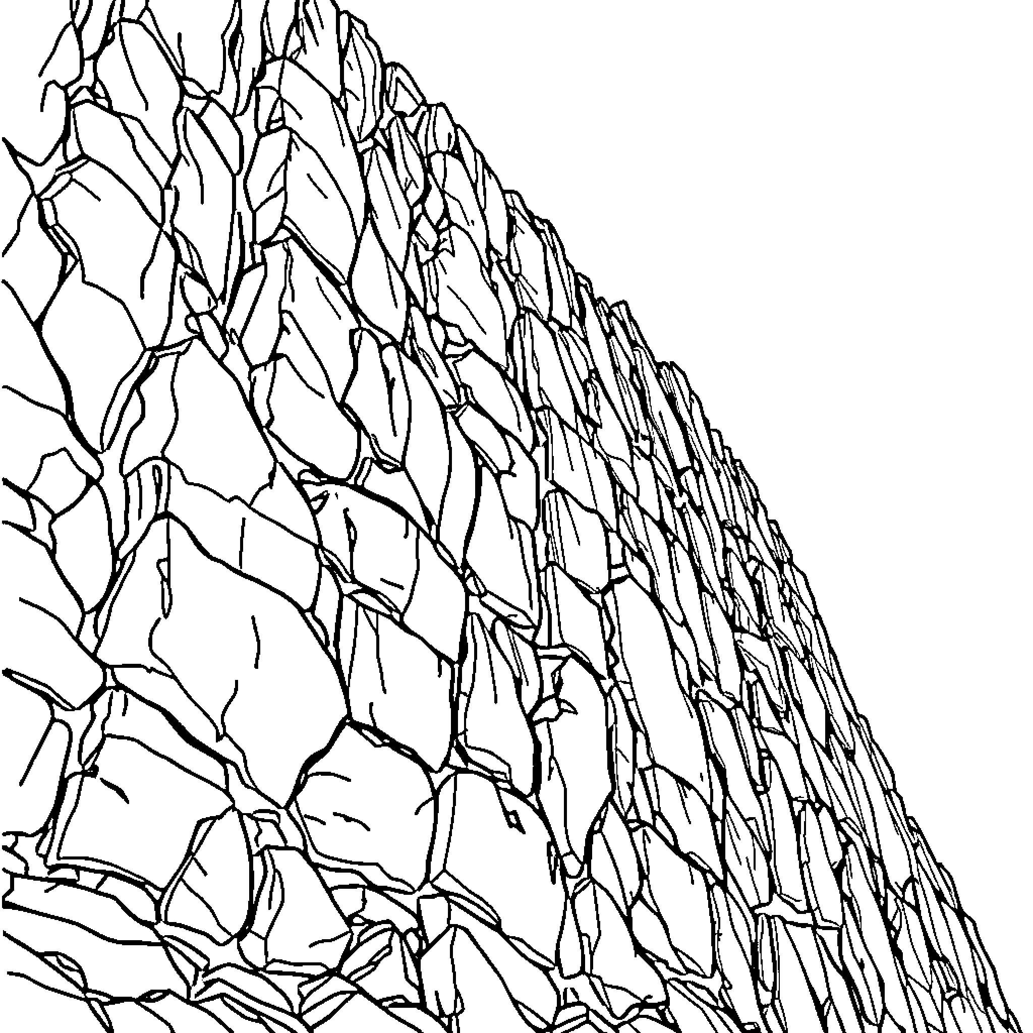 Rockwall of Jagged Monochrome Stones Coloring Page (free black-and-white line drawing printable PDF for all, from beginners to advanced learners, including children, teens, adults, and seniors)