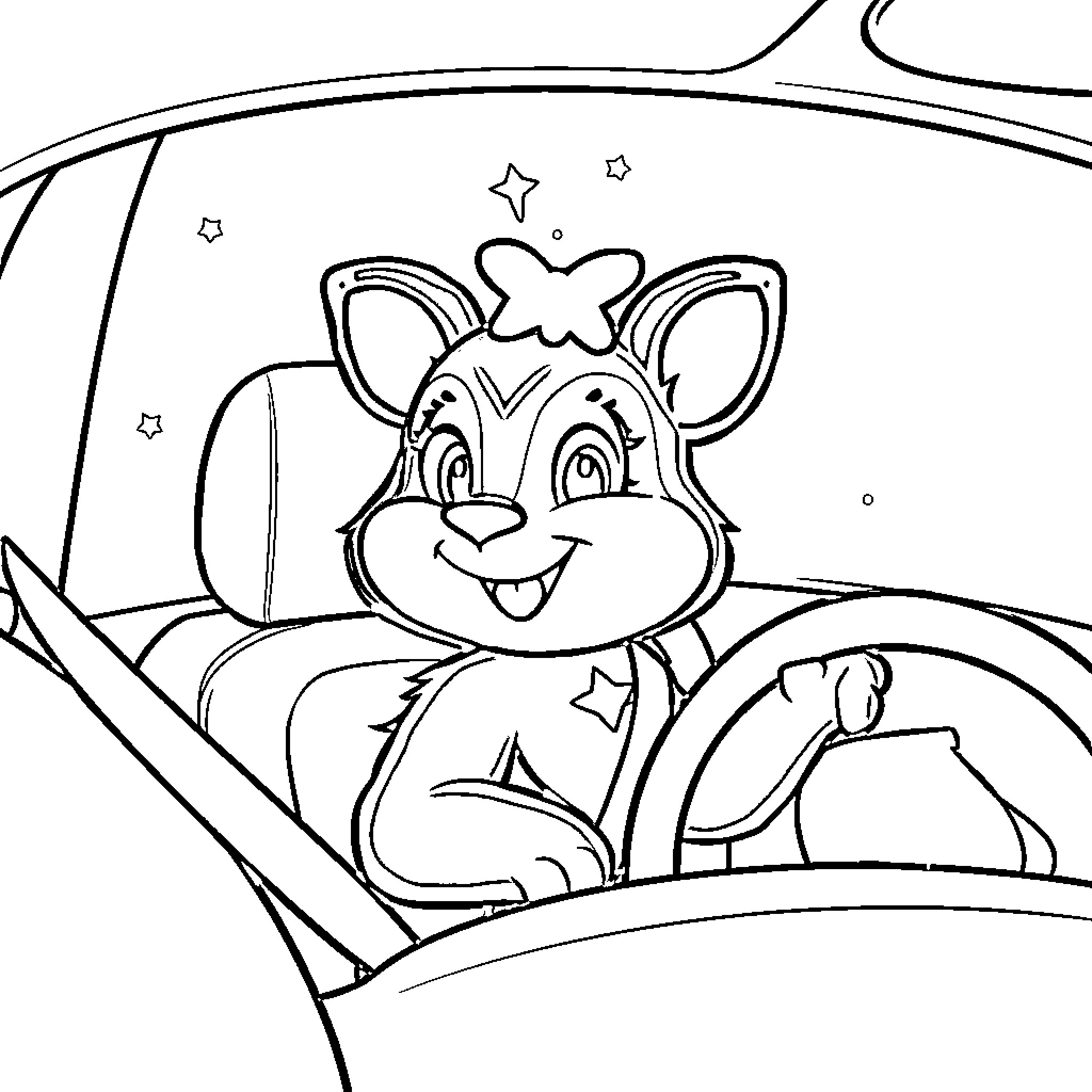 Stella riding happily in her car with stars Coloring Page (free black-and-white line drawing printable PDF for all, from beginners to advanced learners, including children, teens, adults, and seniors)