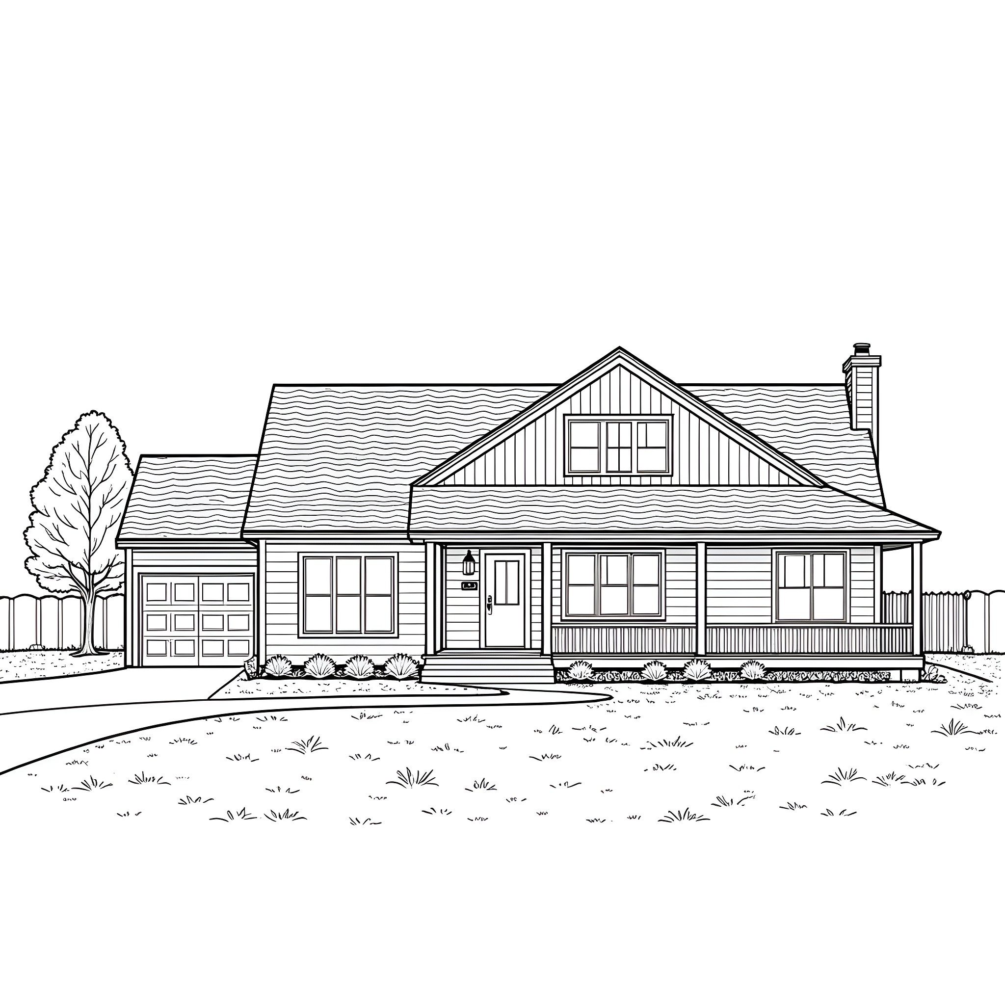 House with Garage and Landscaping Coloring Page (free black-and-white line drawing printable PDF for all, from beginners to advanced learners, including children, teens, adults, and seniors)