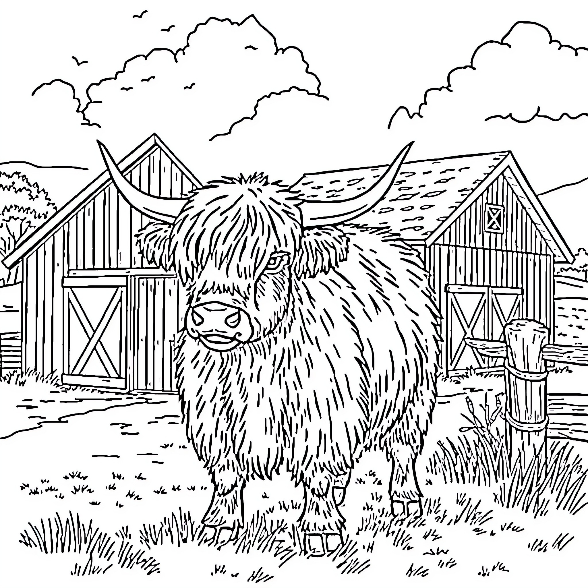 Highland Cow standing in a countryside setting Coloring Page (free black-and-white line drawing printable PDF for all, from beginners to advanced learners, including children, teens, adults, and seniors)