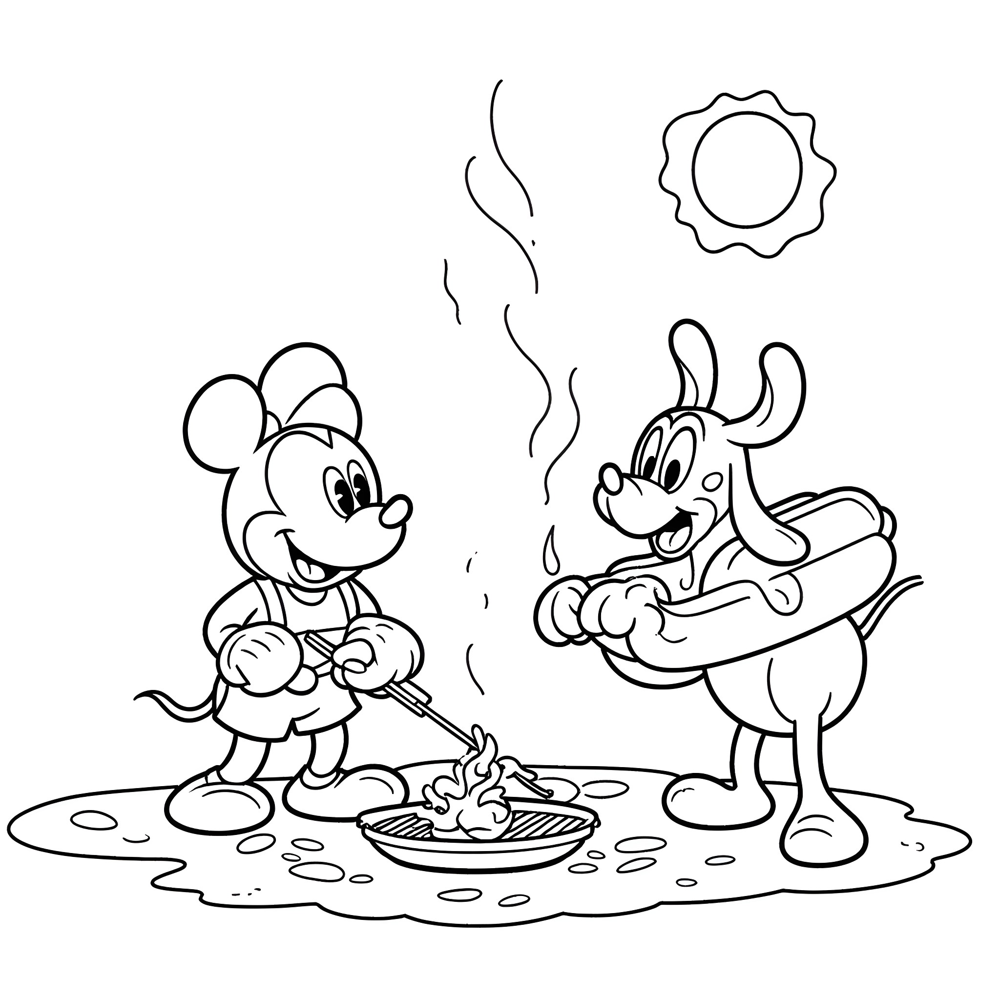 Mickey Mouse enjoying a hot dog with Pluto Coloring Page (free black-and-white line drawing printable PDF for all, from beginners to advanced learners, including children, teens, adults, and seniors)