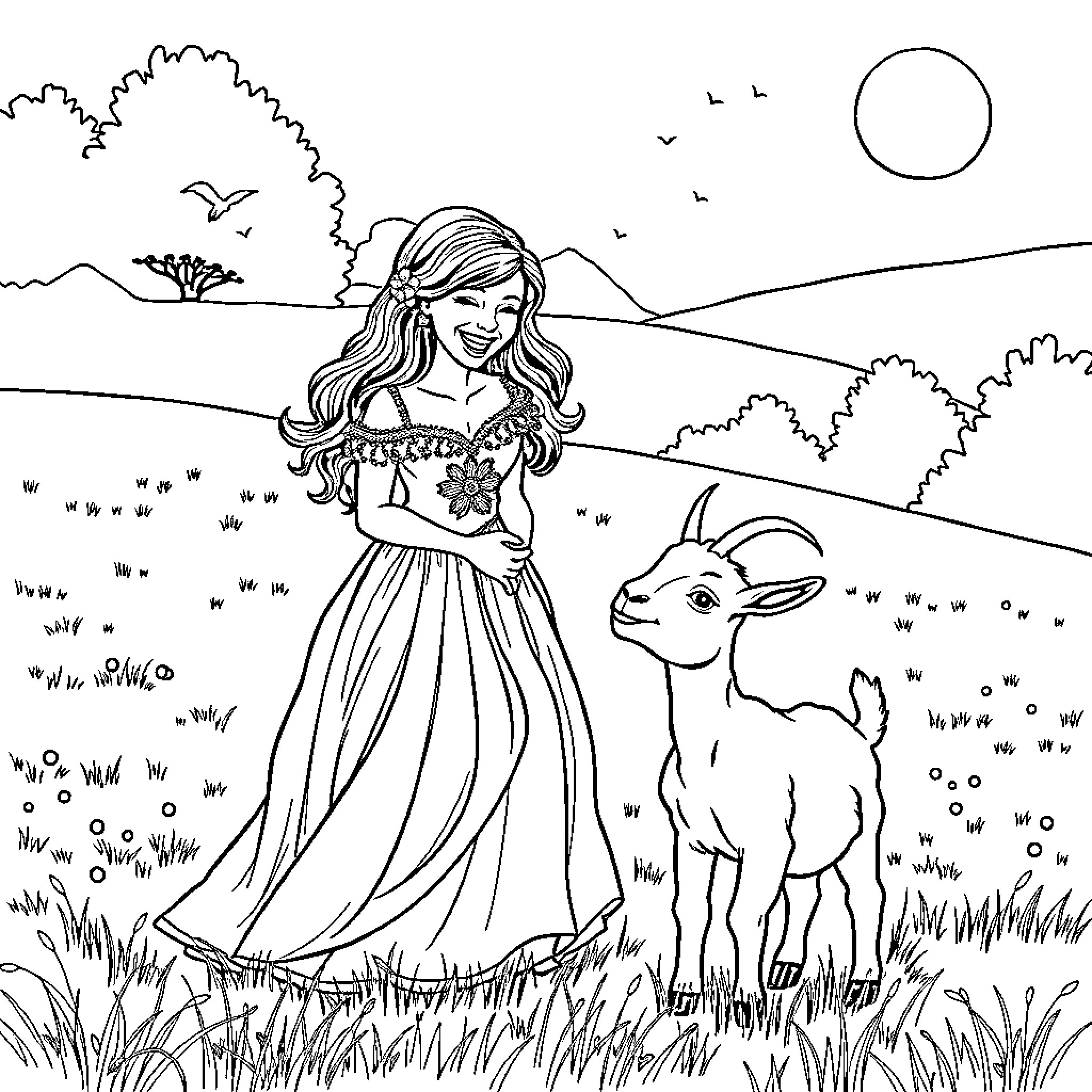 Woman enjoying nature with a deer Coloring Page (free black-and-white line drawing printable PDF for all, from beginners to advanced learners, including children, teens, adults, and seniors)