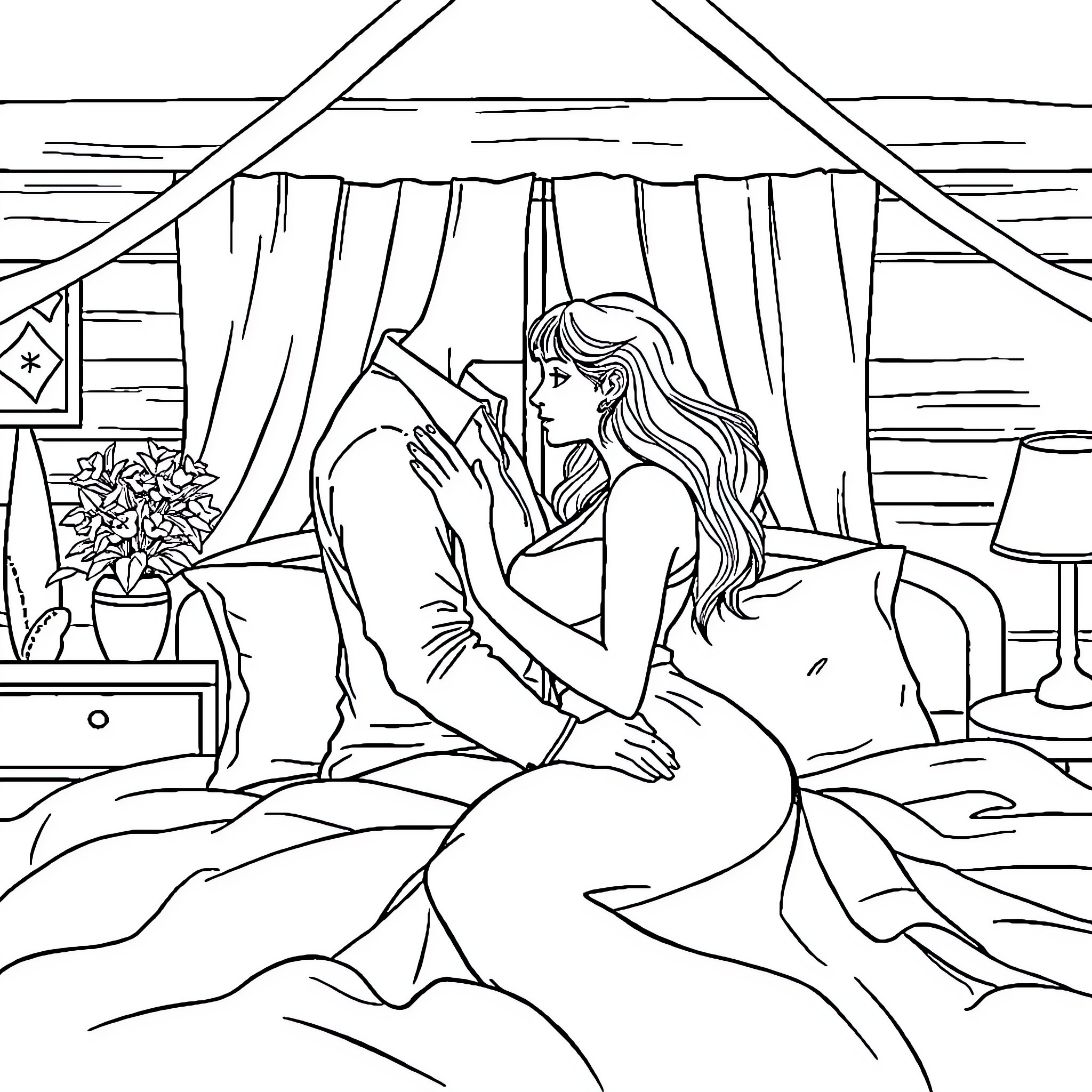 Couple relaxing together in cozy bedroom Coloring Page (free black-and-white line drawing printable PDF for all, from beginners to advanced learners, including children, teens, adults, and seniors)