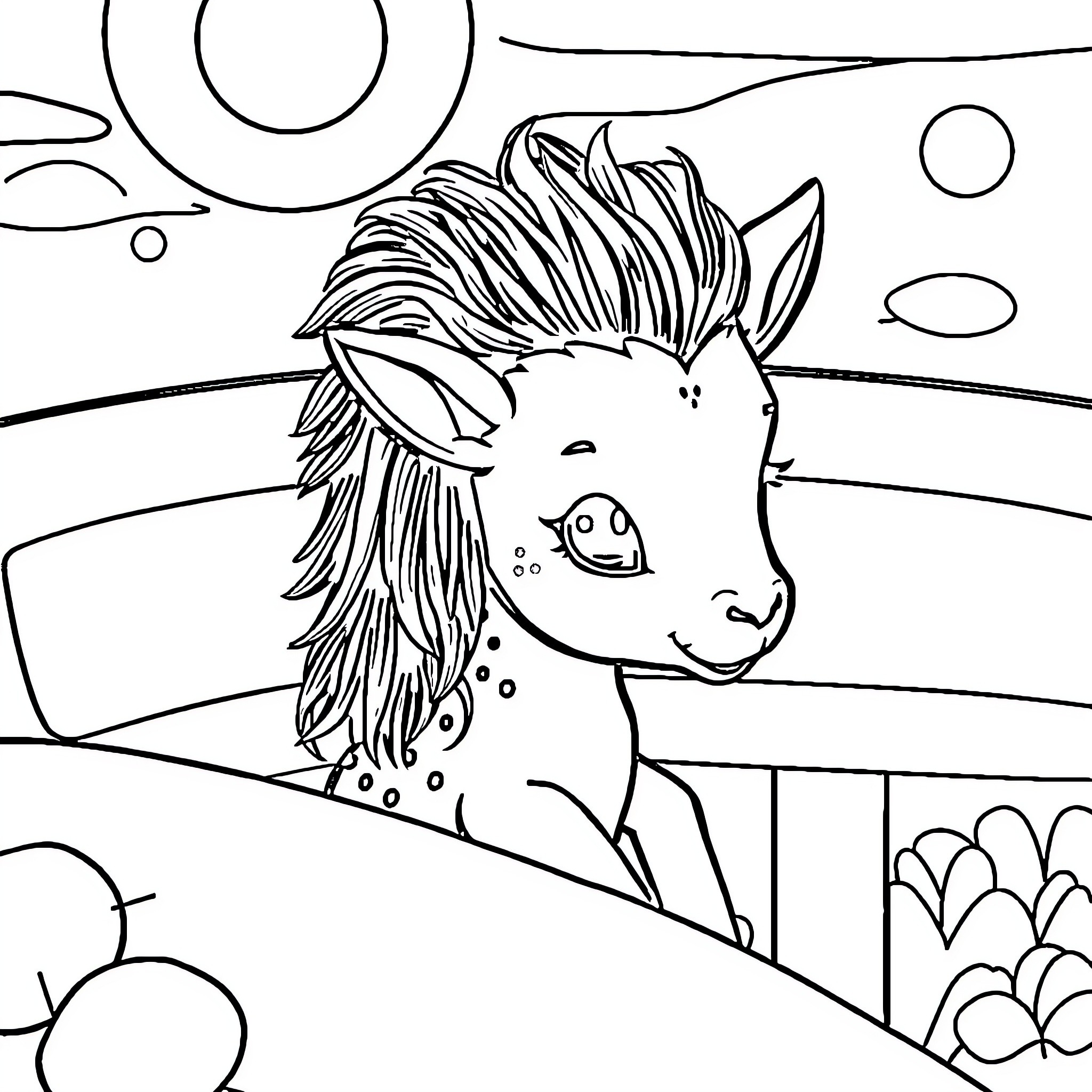 Nina's Playful Pony in the Enchanted Landscape Coloring Page (free black-and-white line drawing printable PDF for all, from beginners to advanced learners, including children, teens, adults, and seniors)
