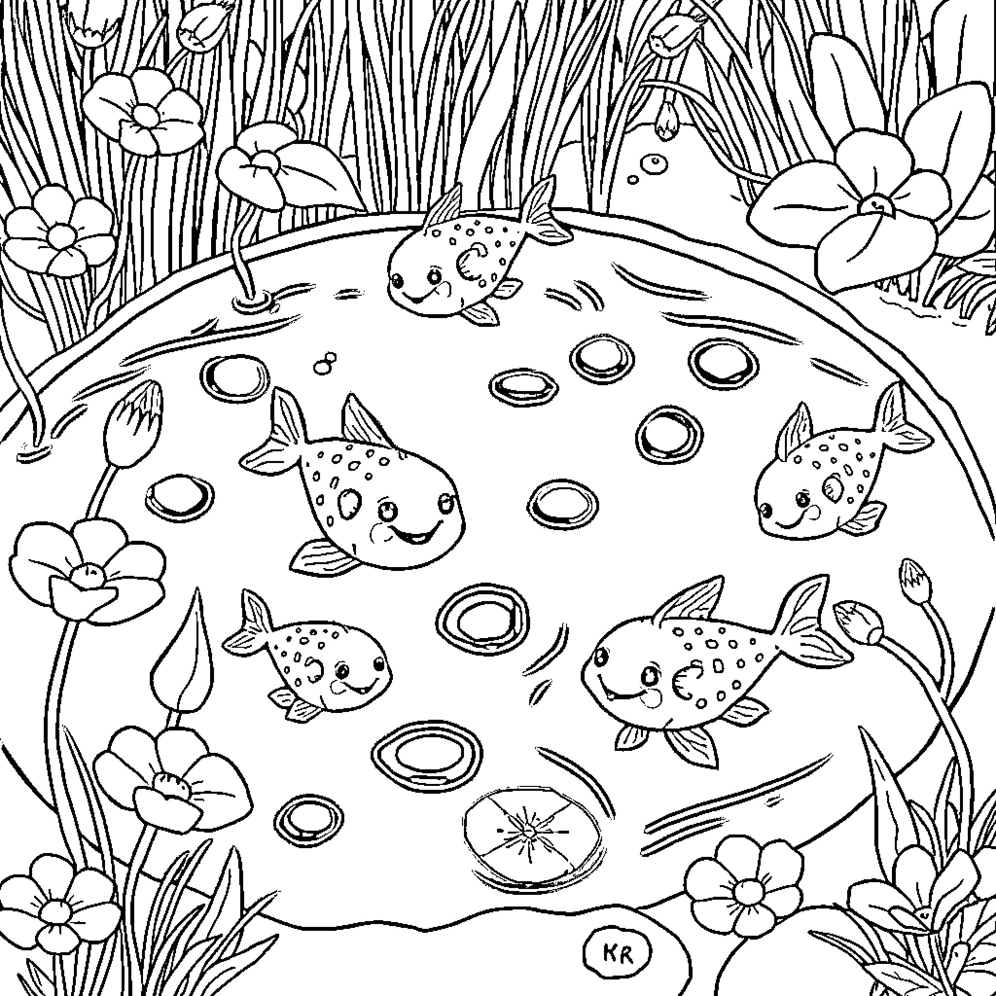 Paramecium in a Floral Underwater Scene Coloring Page (free black-and-white line drawing printable PDF for all, from beginners to advanced learners, including children, teens, adults, and seniors)