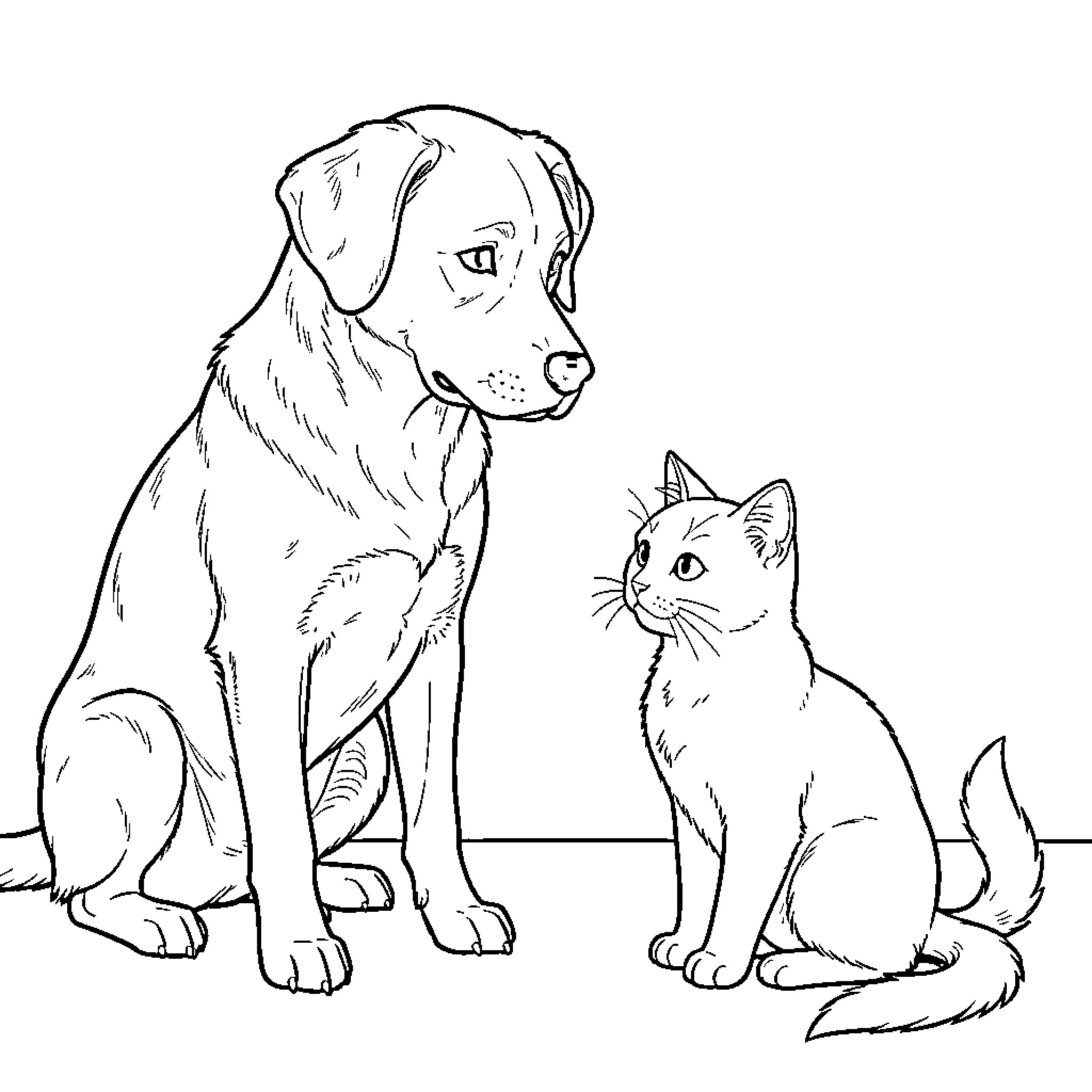 Perro and cat looking at each other curiously Coloring Page (free black-and-white line drawing printable PDF for all, from beginners to advanced learners, including children, teens, adults, and seniors)