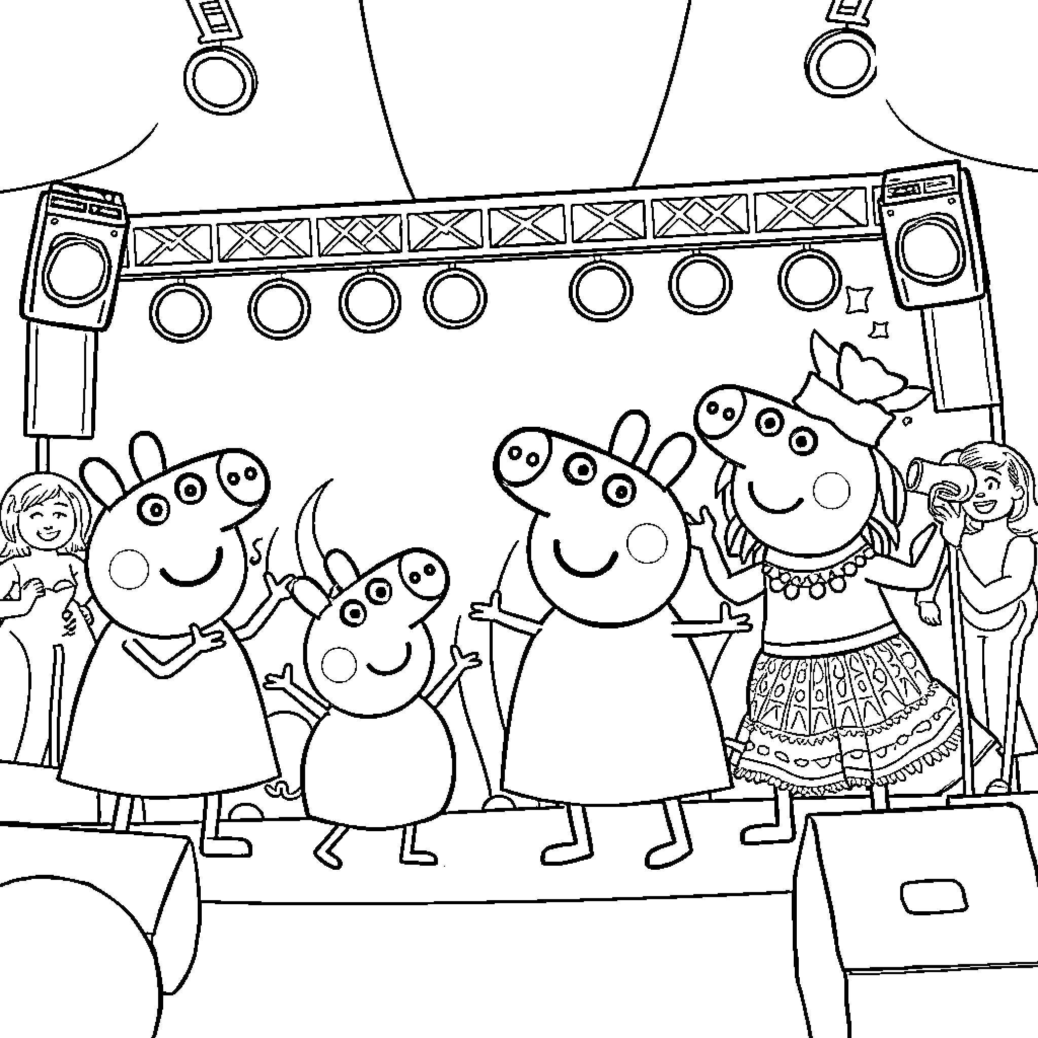 Peppa Pig and friends performing on stage Coloring Page (free black-and-white line drawing printable PDF for all, from beginners to advanced learners, including children, teens, adults, and seniors)