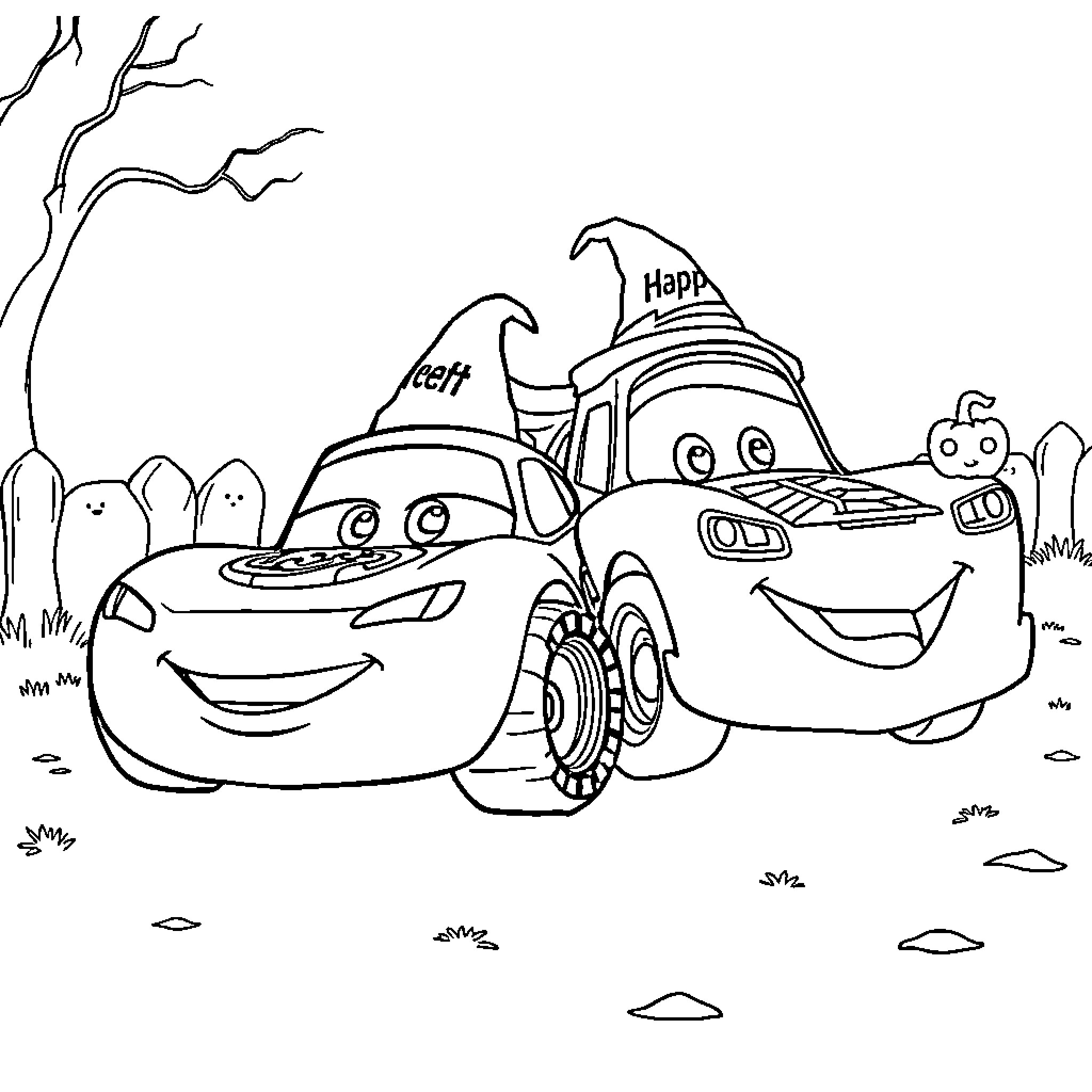 Lightning McQueen and friends in a whimsical scene Coloring Page (free black-and-white line drawing printable PDF for all, from beginners to advanced learners, including children, teens, adults, and seniors)