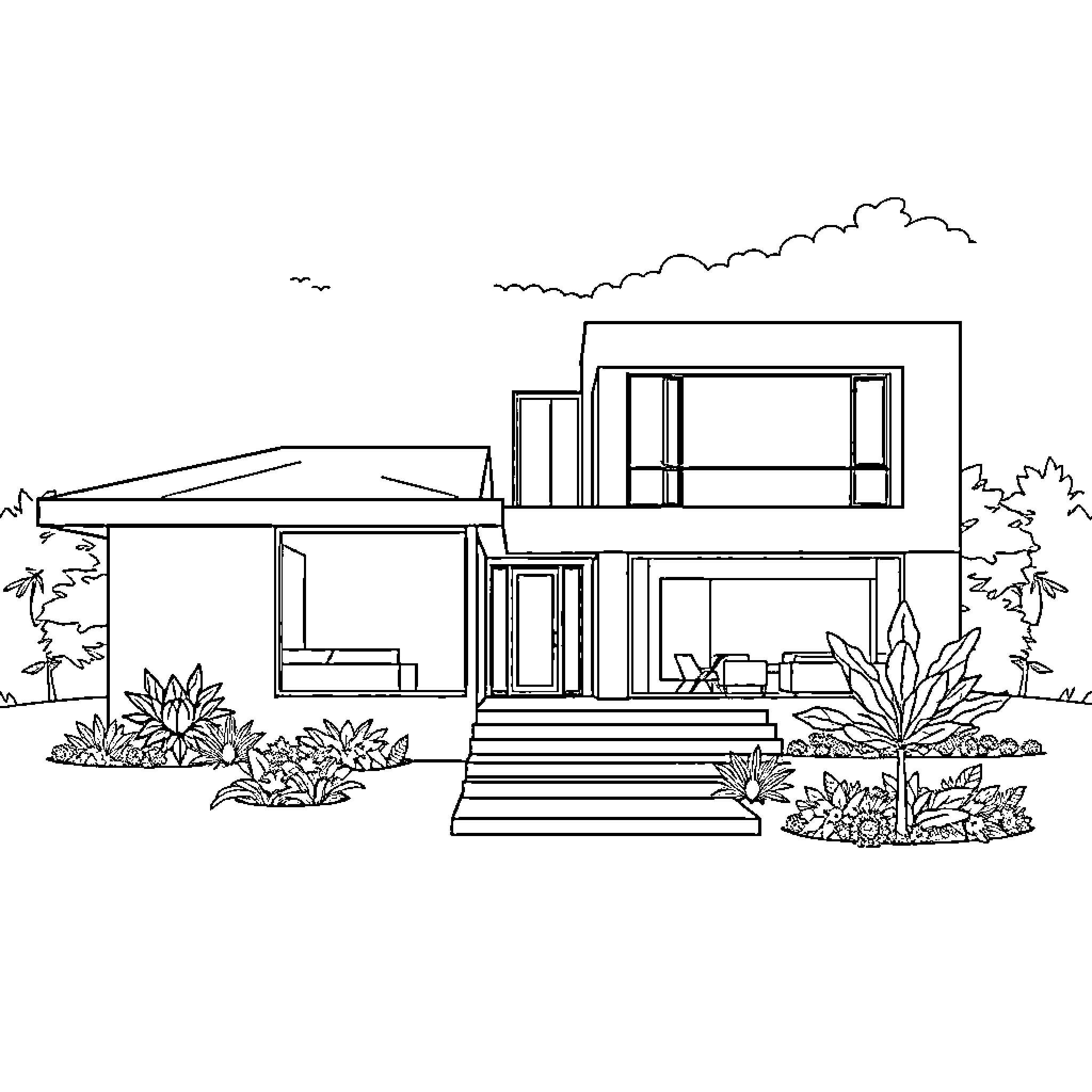 House with modern architectural design Coloring Page (free black-and-white line drawing printable PDF for all, from beginners to advanced learners, including children, teens, adults, and seniors)
