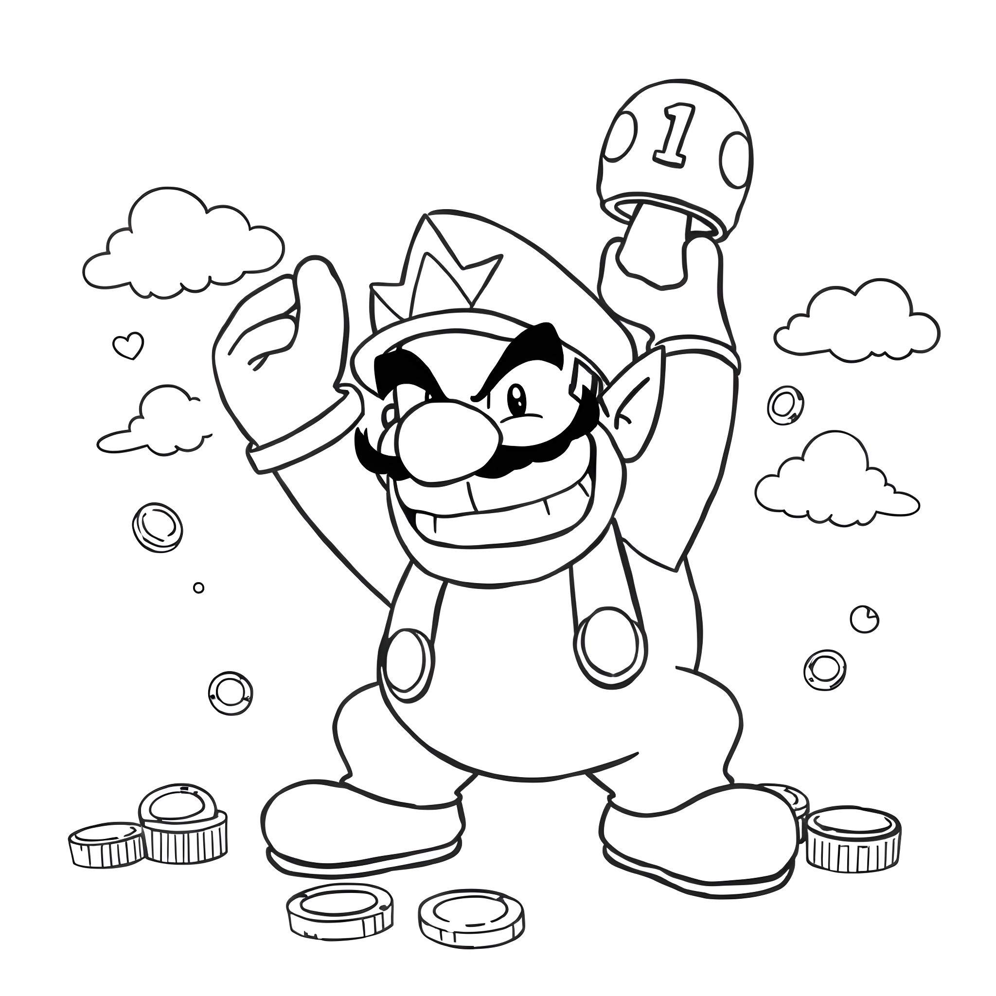 Wario celebrating victory with coins and power-up Coloring Page (free black-and-white line drawing printable PDF for all, from beginners to advanced learners, including children, teens, adults, and seniors)