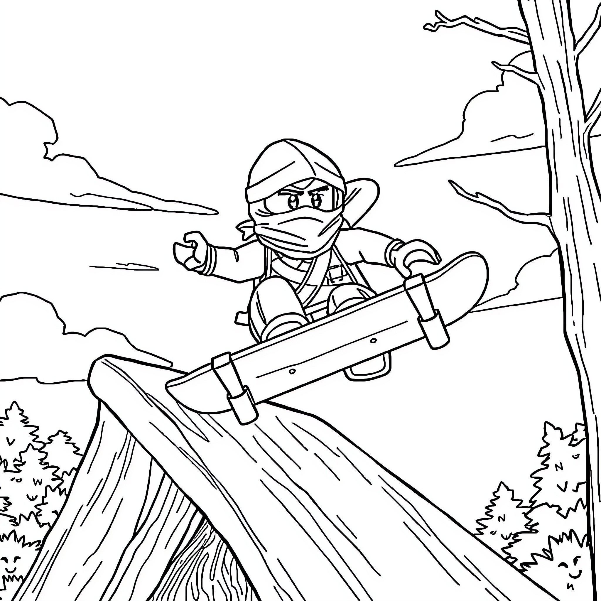 Kai skiing swiftly through snowy landscape Coloring Page (free black-and-white line drawing printable PDF for all, from beginners to advanced learners, including children, teens, adults, and seniors)