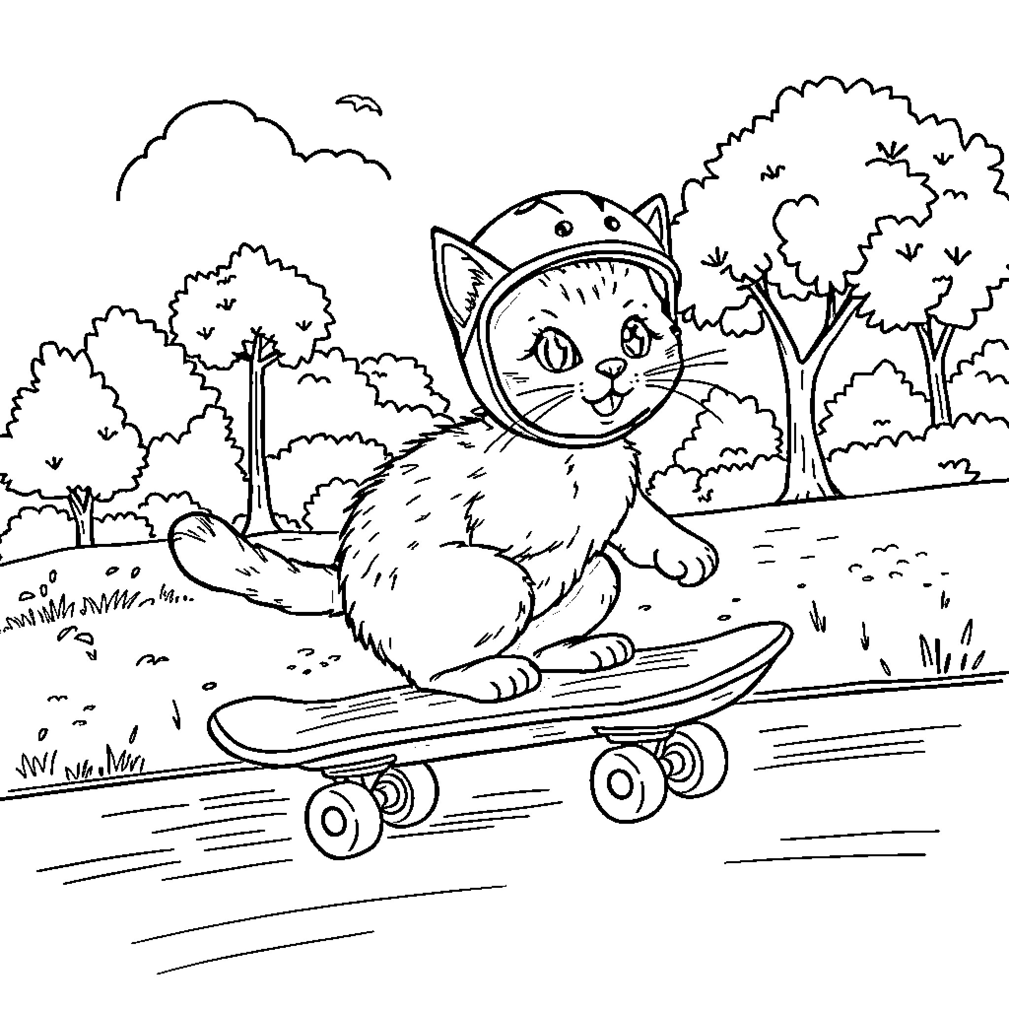 Cat riding a skateboard in the park Coloring Page (free black-and-white line drawing printable PDF for all, from beginners to advanced learners, including children, teens, adults, and seniors)