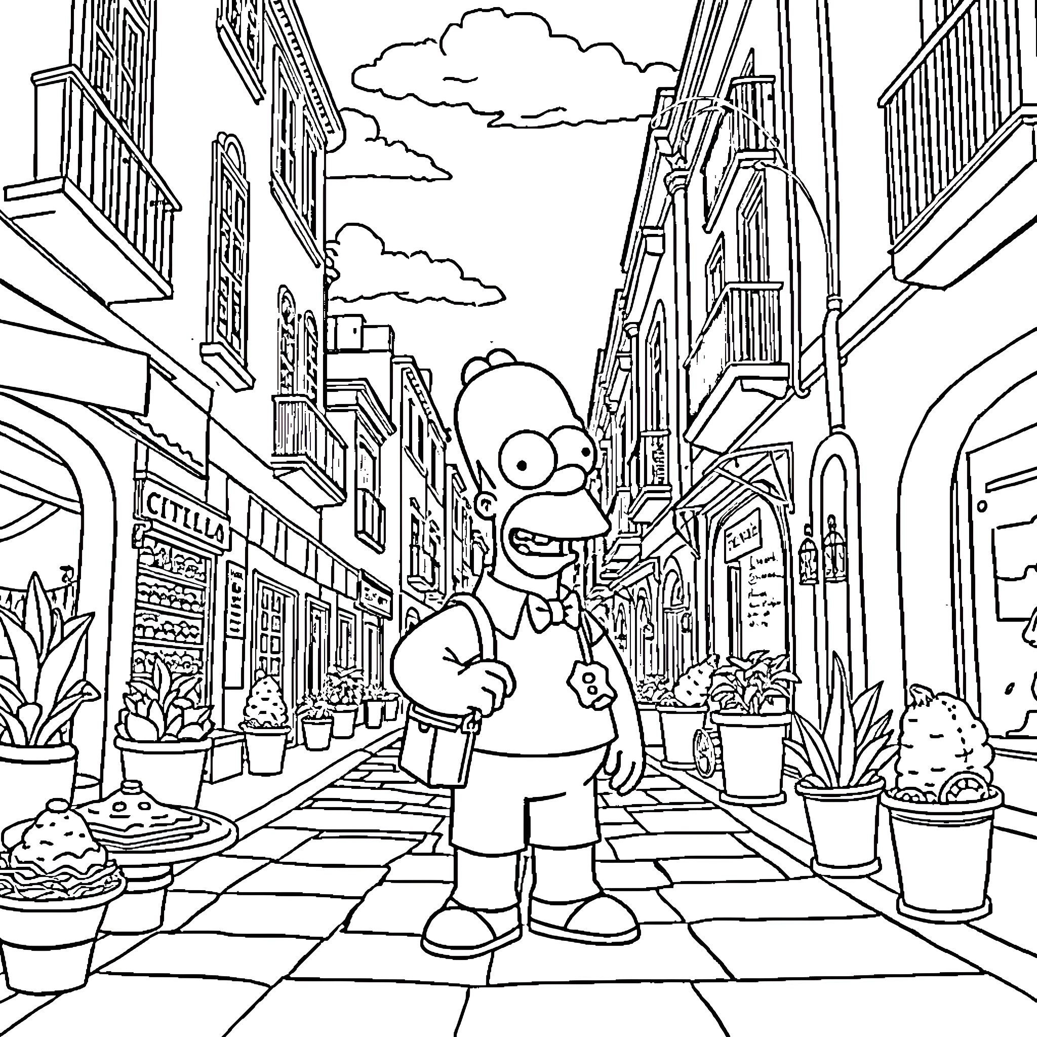 Homer Simpson strolling through a lively city street Coloring Page (free black-and-white line drawing printable PDF for all, from beginners to advanced learners, including children, teens, adults, and seniors)