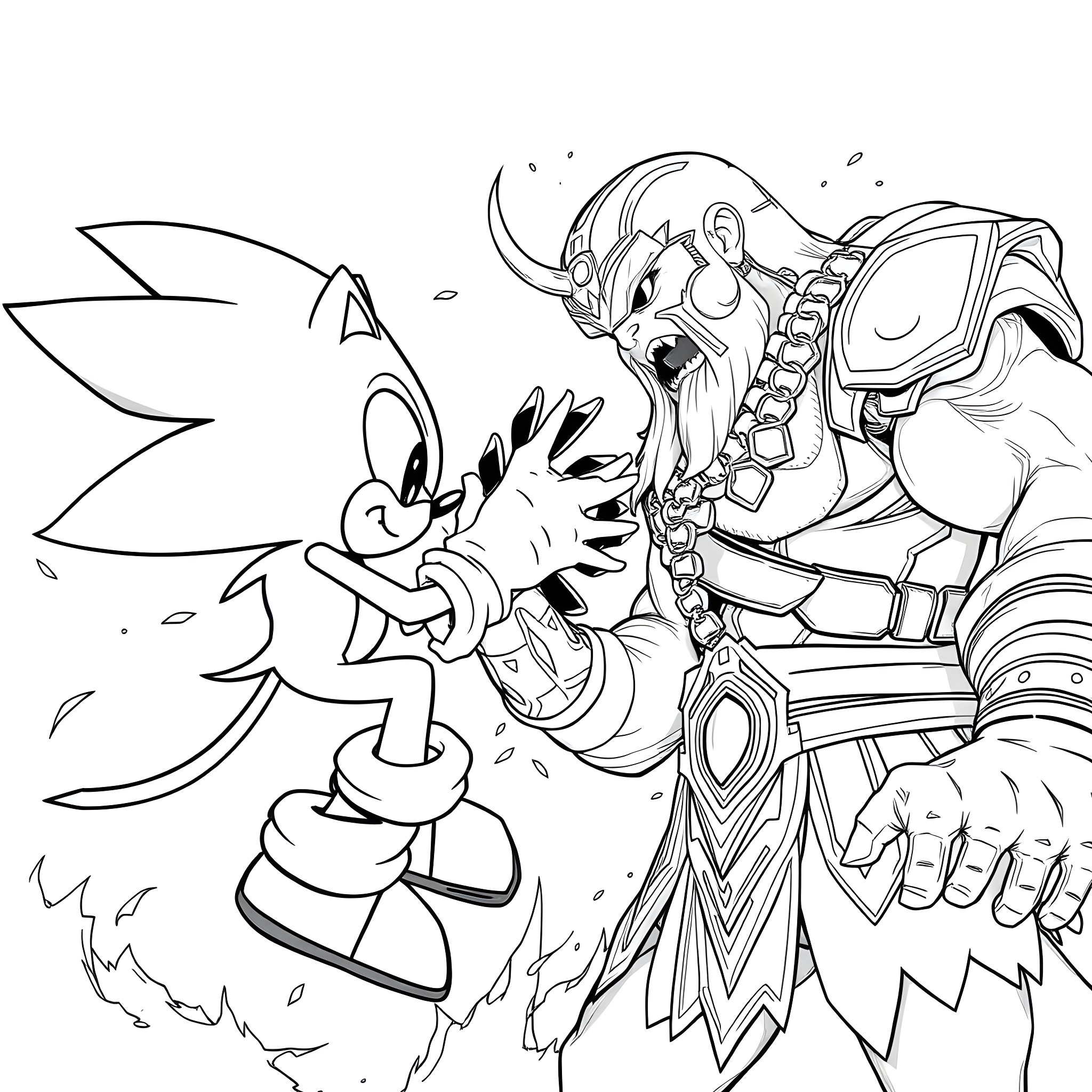 Sonic confronting a fearsome foe in action-packed scene Coloring Page (free black-and-white line drawing printable PDF for all, from beginners to advanced learners, including children, teens, adults, and seniors)