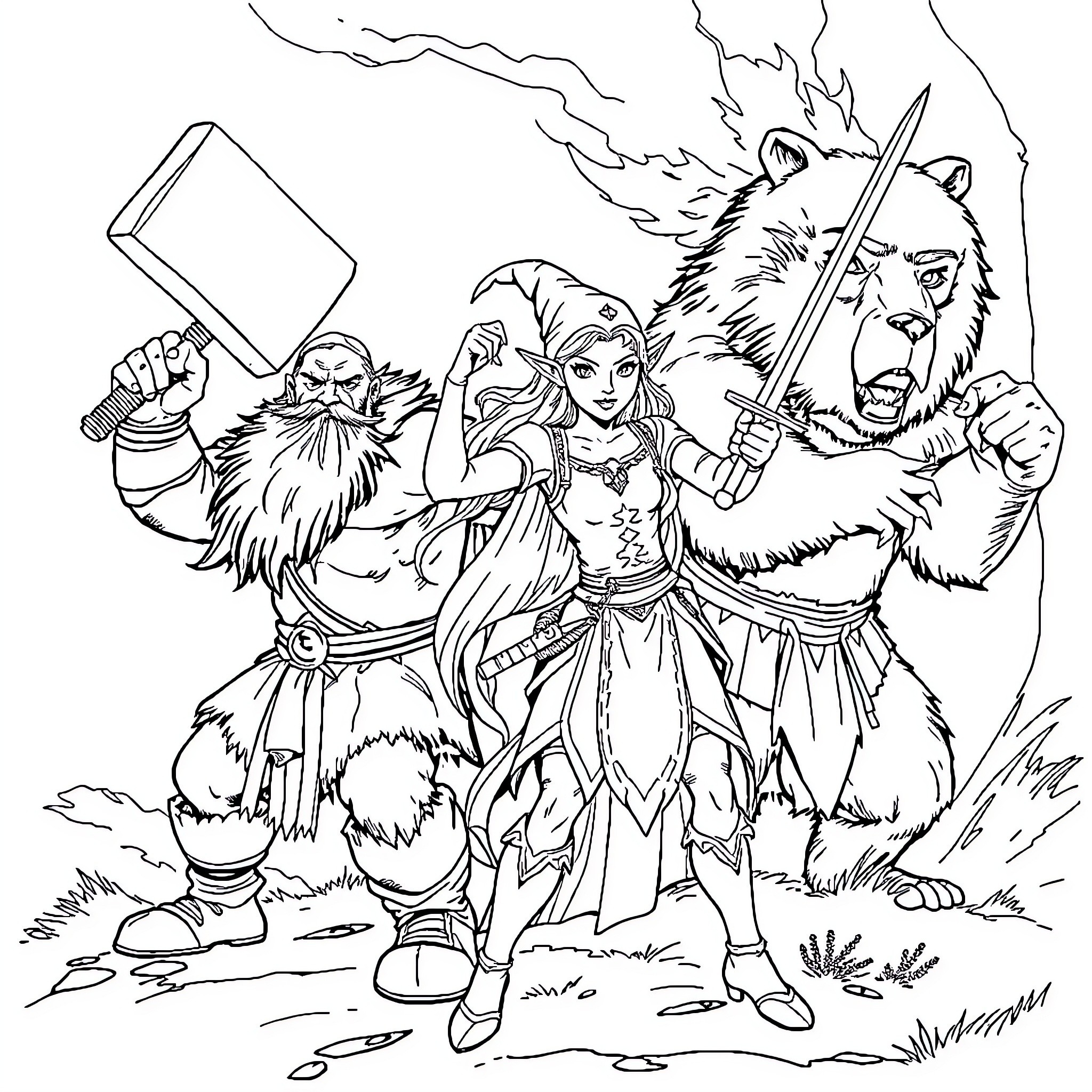 Fantasy Character Battle Scene with Warrior and Creatures Coloring Page (free black-and-white line drawing printable PDF for all, from beginners to advanced learners, including children, teens, adults, and seniors)