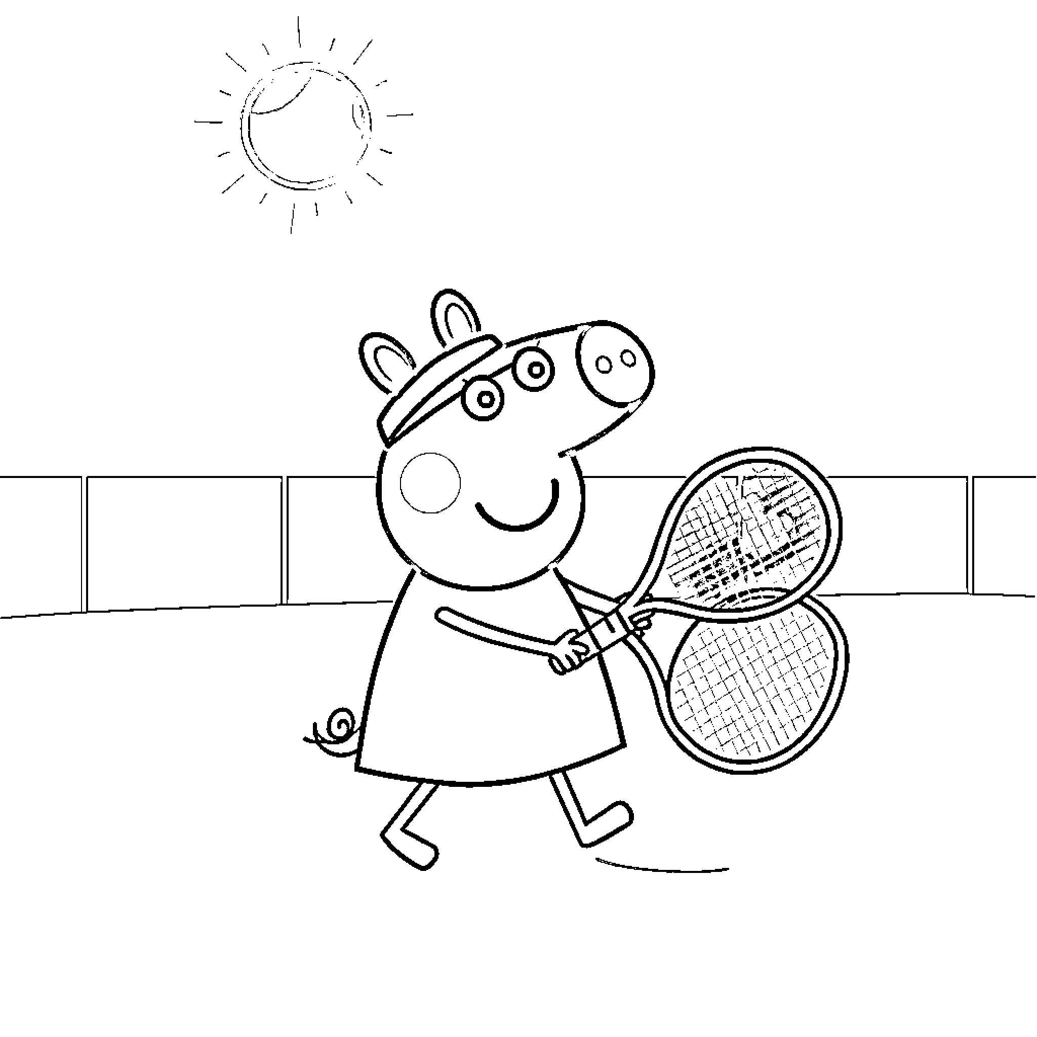 Peppa Pig playing tennis in the park Coloring Page (free black-and-white line drawing printable PDF for all, from beginners to advanced learners, including children, teens, adults, and seniors)