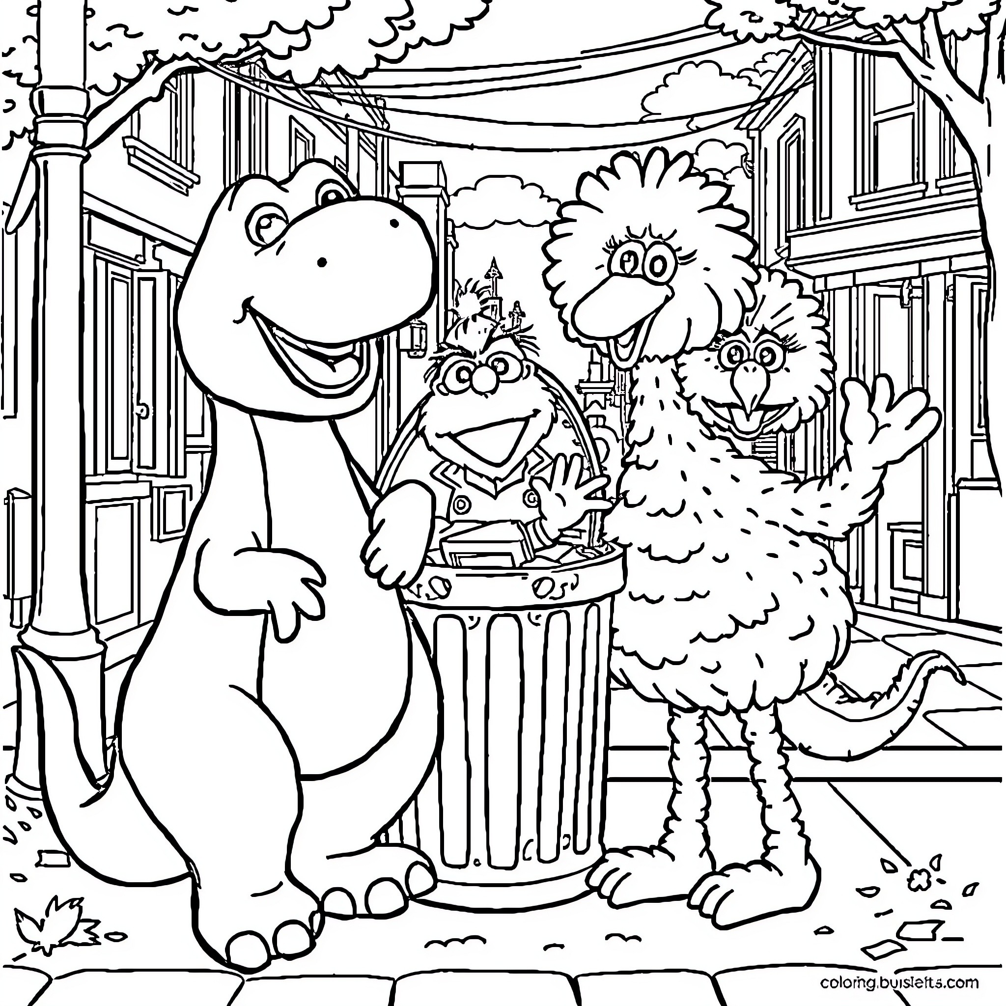 Barney and friends explore the neighborhood Coloring Page (free black-and-white line drawing printable PDF for all, from beginners to advanced learners, including children, teens, adults, and seniors)