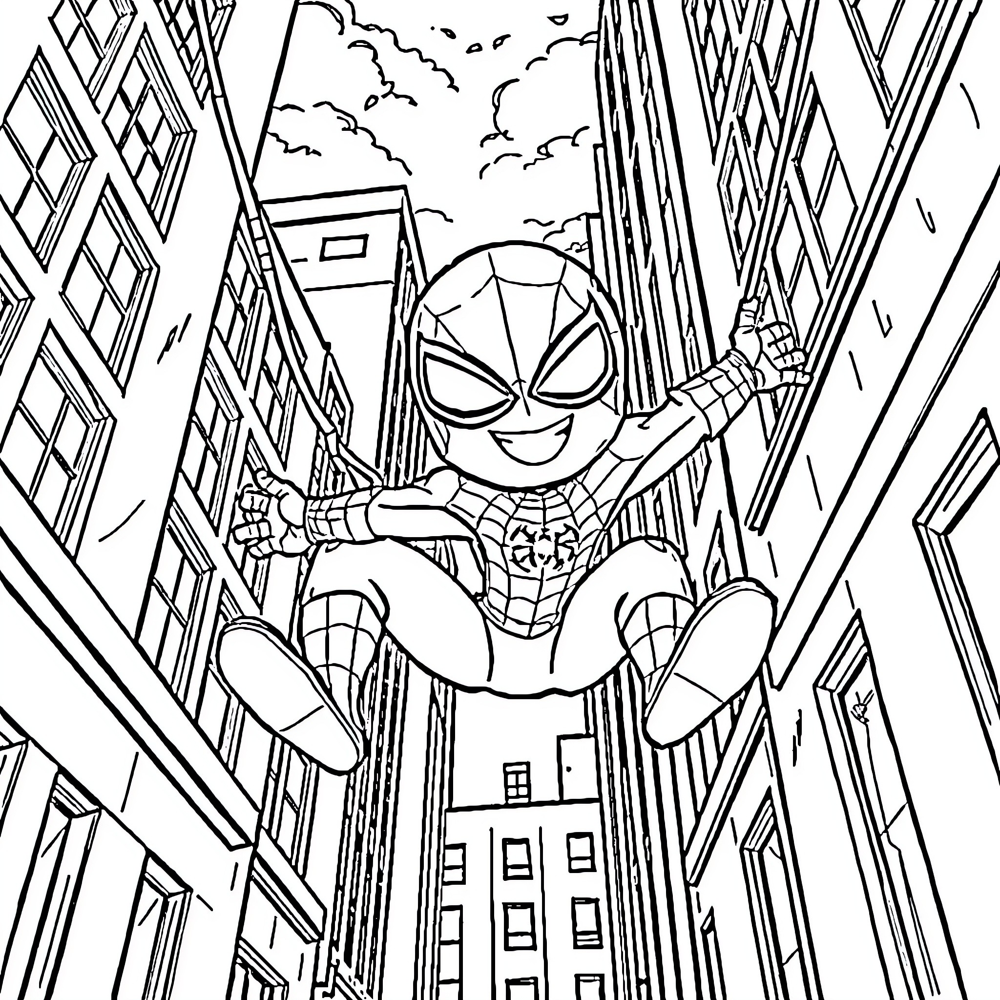 Spider-Man swinging through the city skyline Coloring Page (free black-and-white line drawing printable PDF for all, from beginners to advanced learners, including children, teens, adults, and seniors)