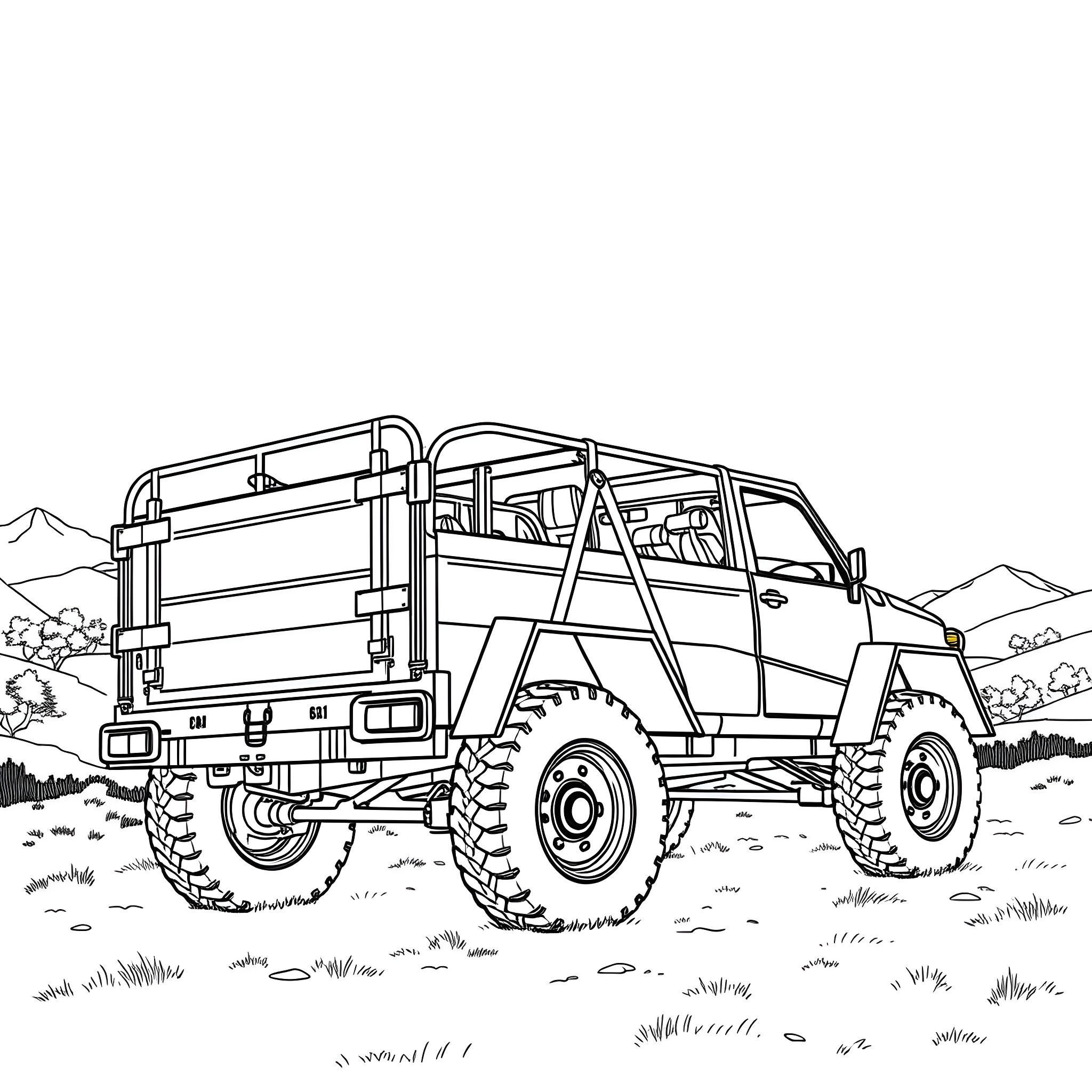 Car Trailer Transporting Heavy Load on Rugged Terrain Coloring Page (free black-and-white line drawing printable PDF for all, from beginners to advanced learners, including children, teens, adults, and seniors)