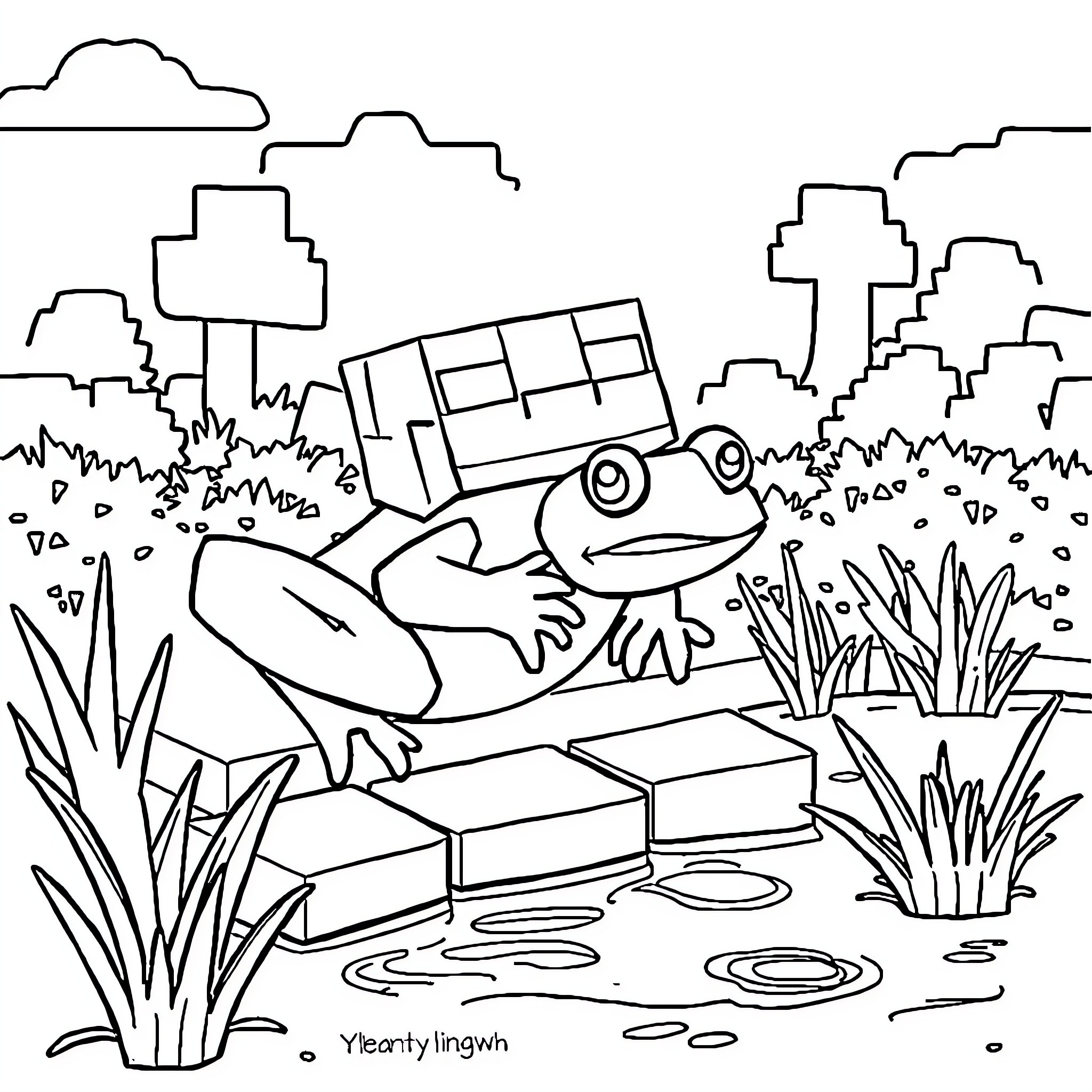 Frog relaxing in tranquil pond setting Coloring Page (free black-and-white line drawing printable PDF for all, from beginners to advanced learners, including children, teens, adults, and seniors)