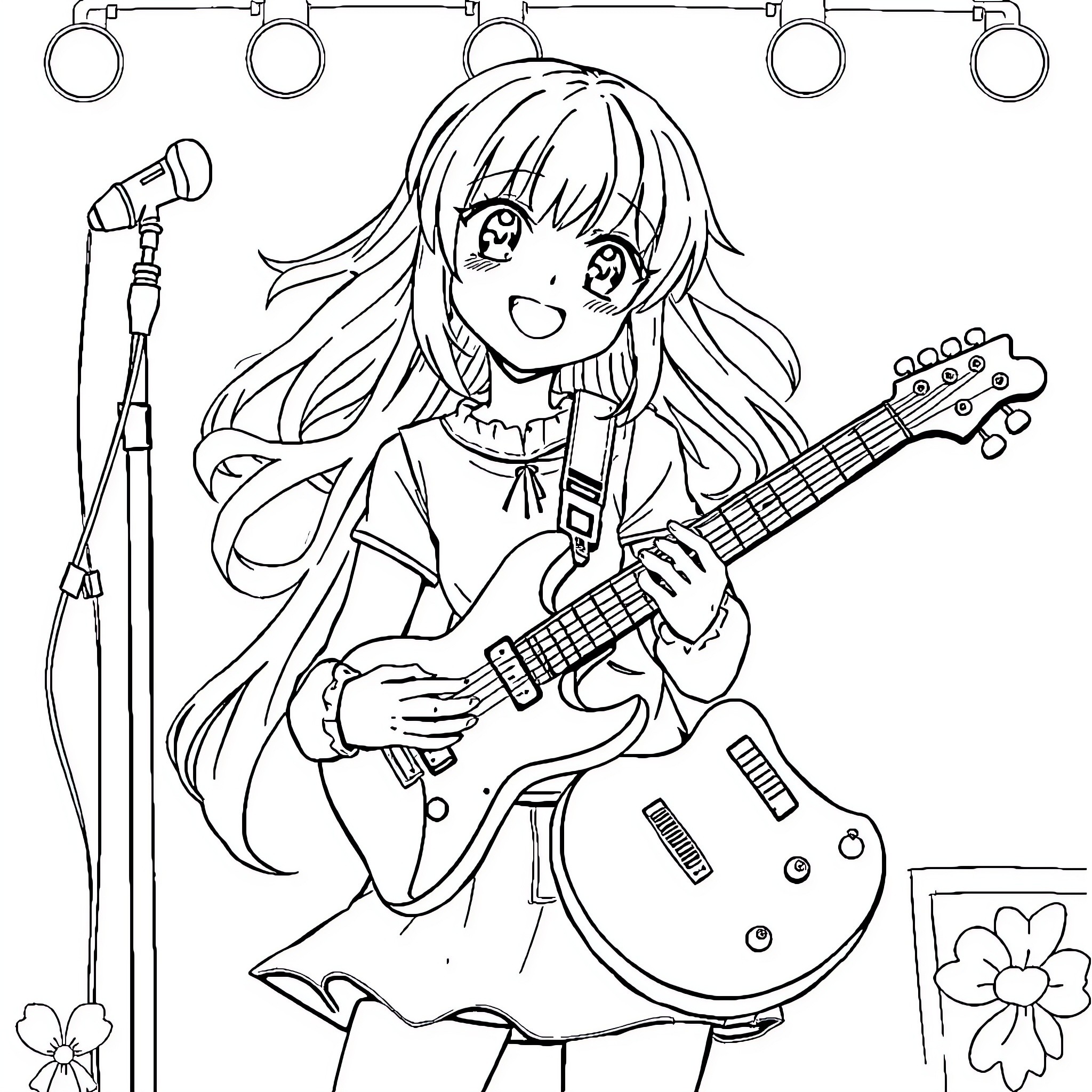 Bocchi's musical performance on stage Coloring Page (free black-and-white line drawing printable PDF for all, from beginners to advanced learners, including children, teens, adults, and seniors)