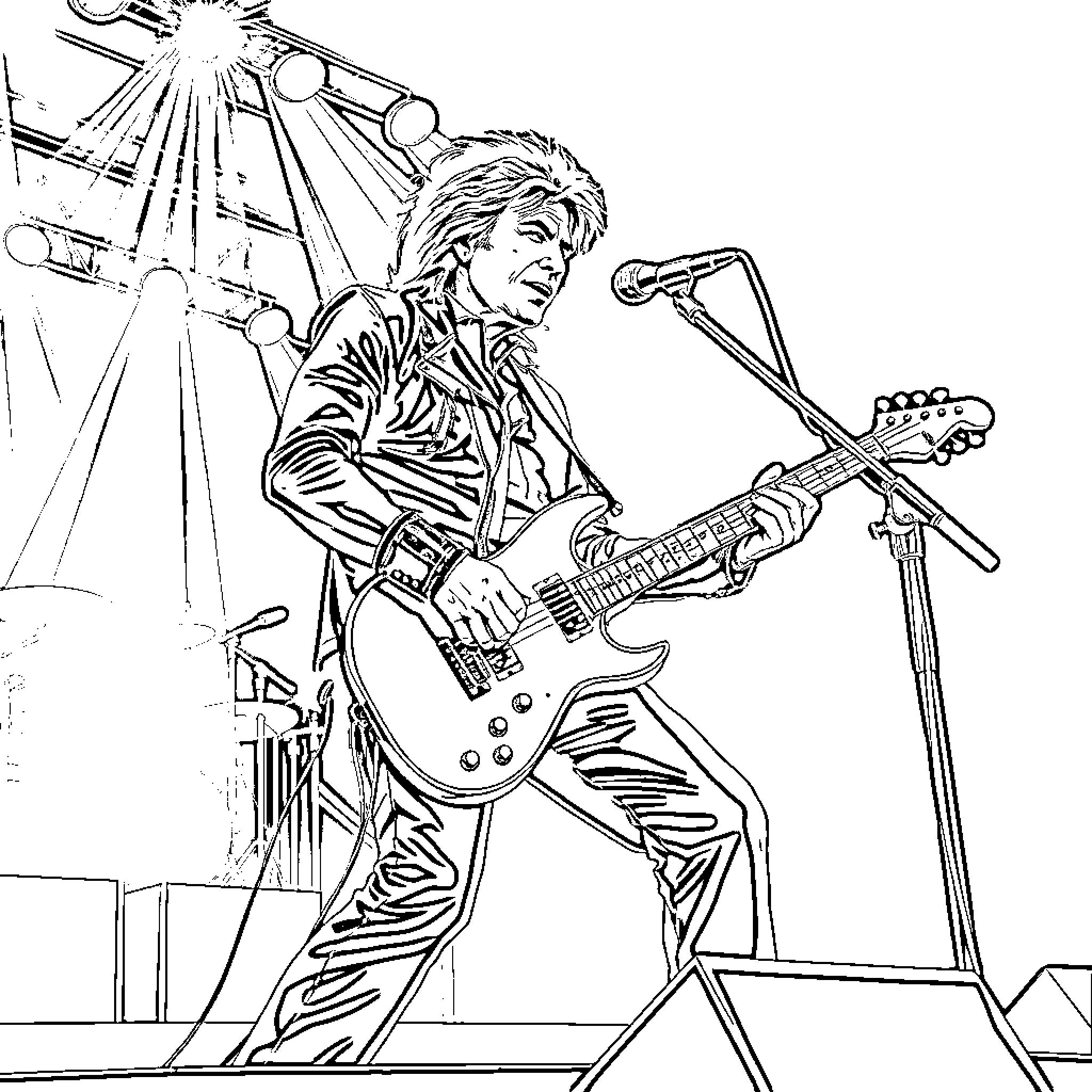 Bon Jovi Rocking the Stage with Electric Guitar Coloring Page (free black-and-white line drawing printable PDF for all, from beginners to advanced learners, including children, teens, adults, and seniors)