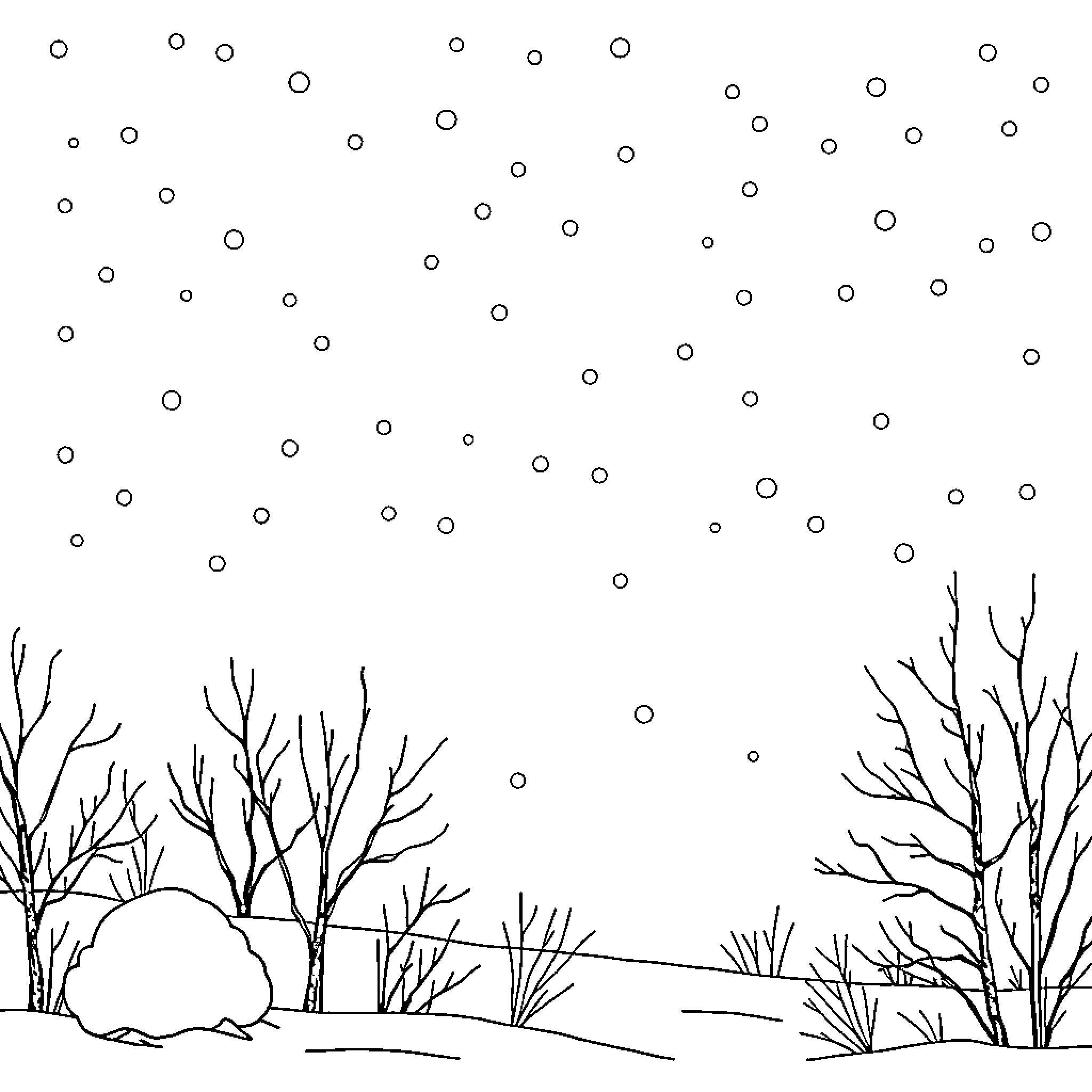 Winter landscape with falling snow Coloring Page (free black-and-white line drawing printable PDF for all, from beginners to advanced learners, including children, teens, adults, and seniors)