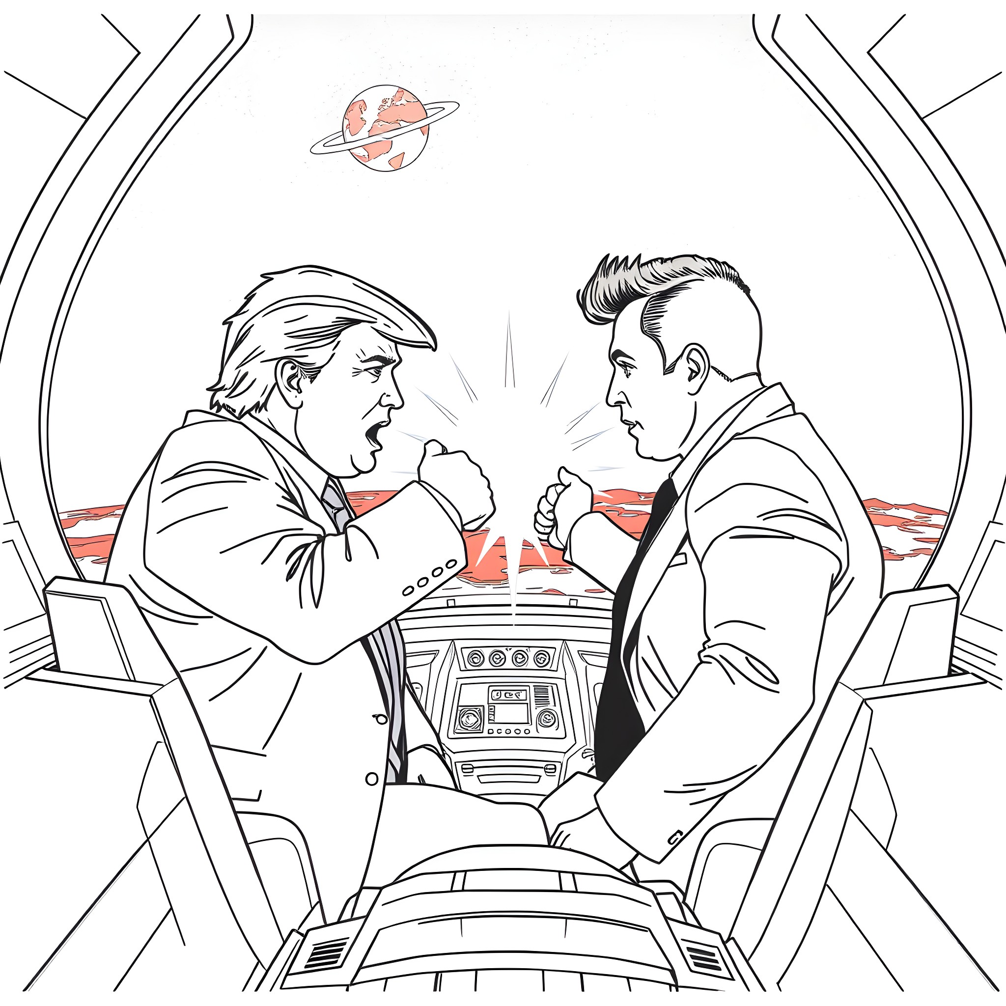 Donald Trump and another man arguing in a spaceship Coloring Page (free black-and-white line drawing printable PDF for all, from beginners to advanced learners, including children, teens, adults, and seniors)