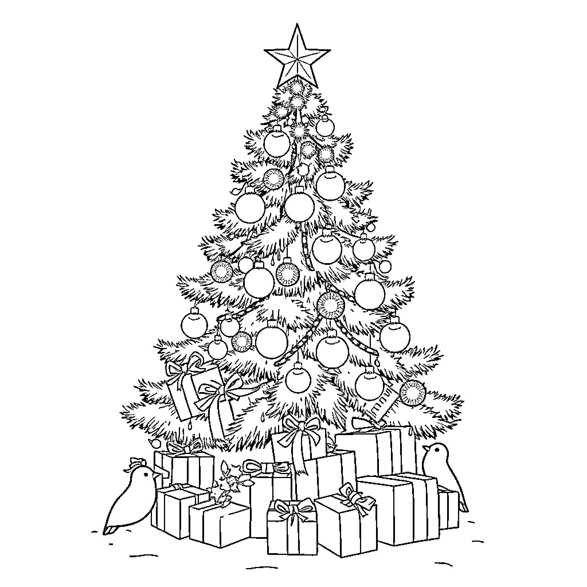 Christmas Tree with Ornaments and Gifts Coloring Page (free black-and-white line drawing printable PDF for all, from beginners to advanced learners, including children, teens, adults, and seniors)