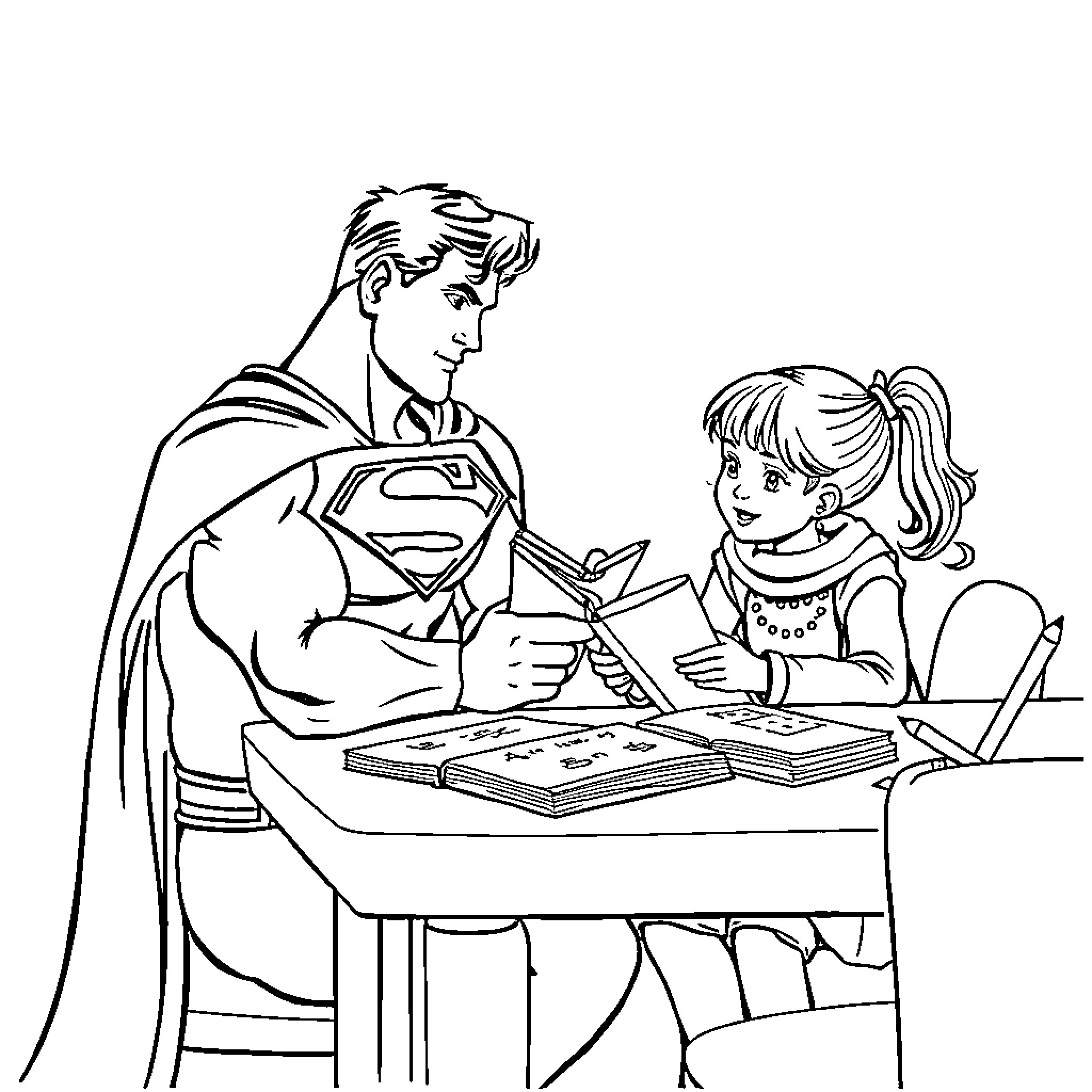 Superman assisting young girl with homework at table Coloring Page (free black-and-white line drawing printable PDF for all, from beginners to advanced learners, including children, teens, adults, and seniors)