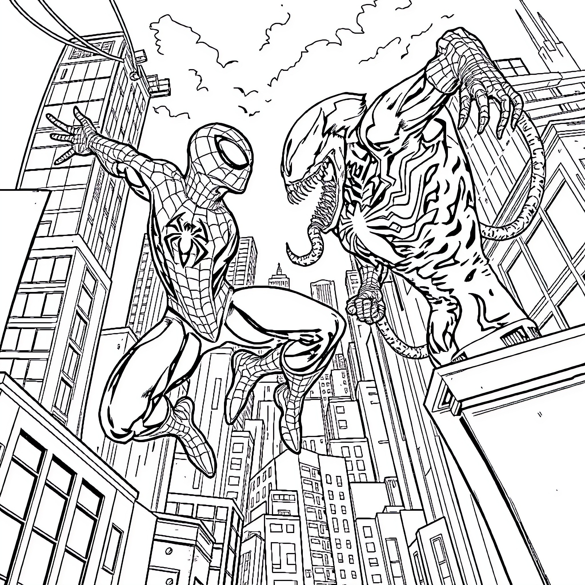 Spider-Man battles fierce creature in the city Coloring Page (free black-and-white line drawing printable PDF for all, from beginners to advanced learners, including children, teens, adults, and seniors)